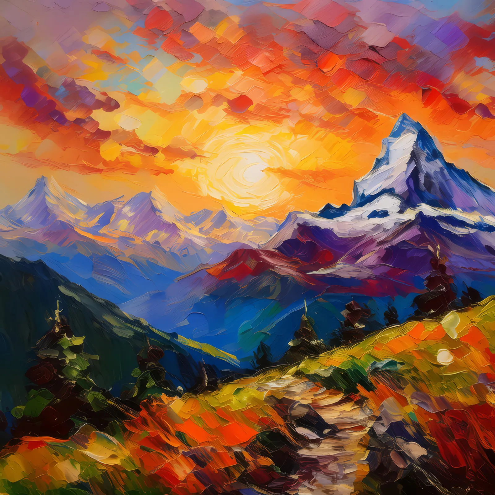 Alpine Sunset Colors, a palette-knife oil landscape by Emma Mickelberg