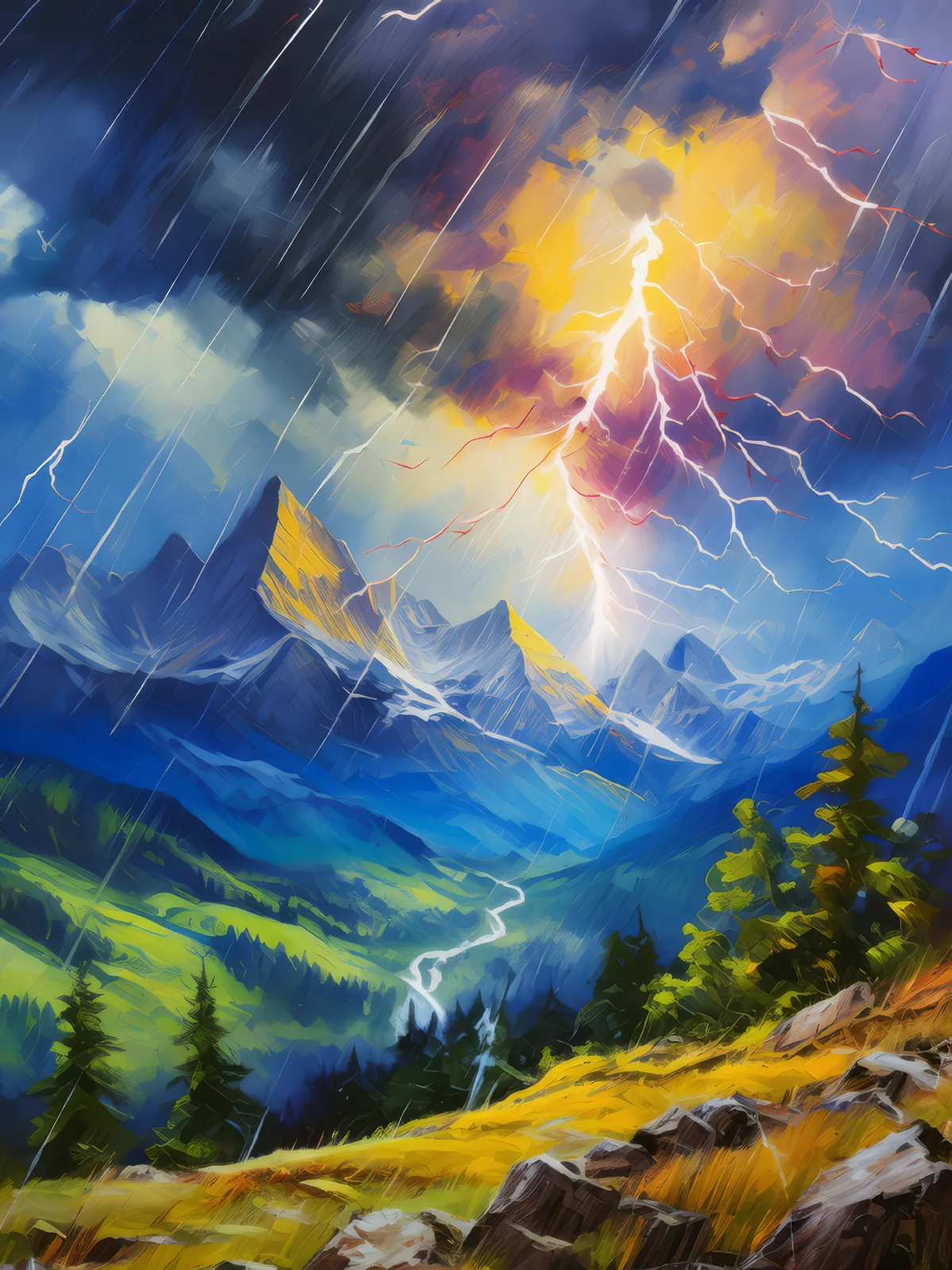 Alpine Thunderstorm, a palette-knife oil landscape by Emma Mickelberg