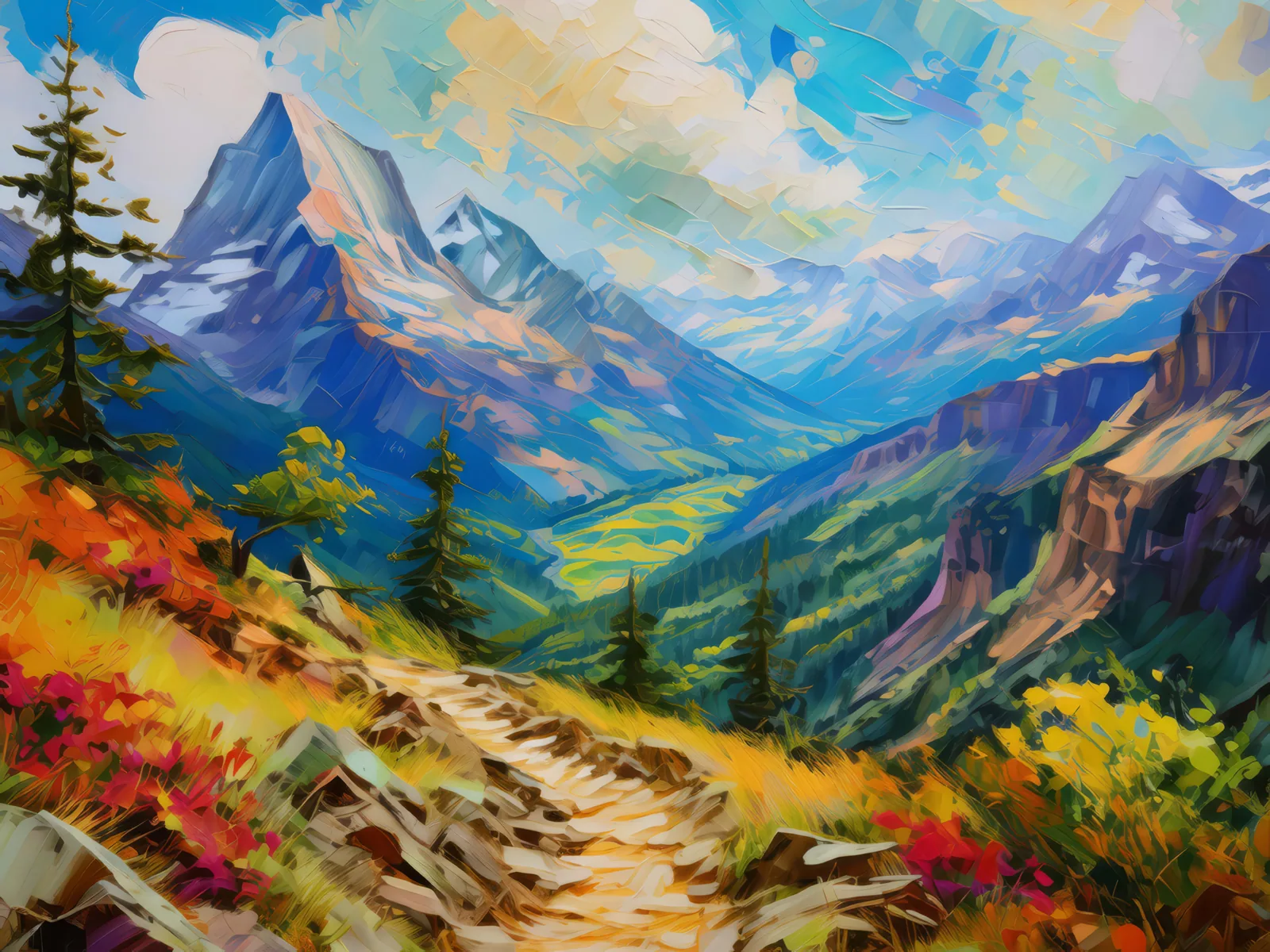 Alpine Trail Adventure, a palette-knife oil landscape by Emma Mickelberg