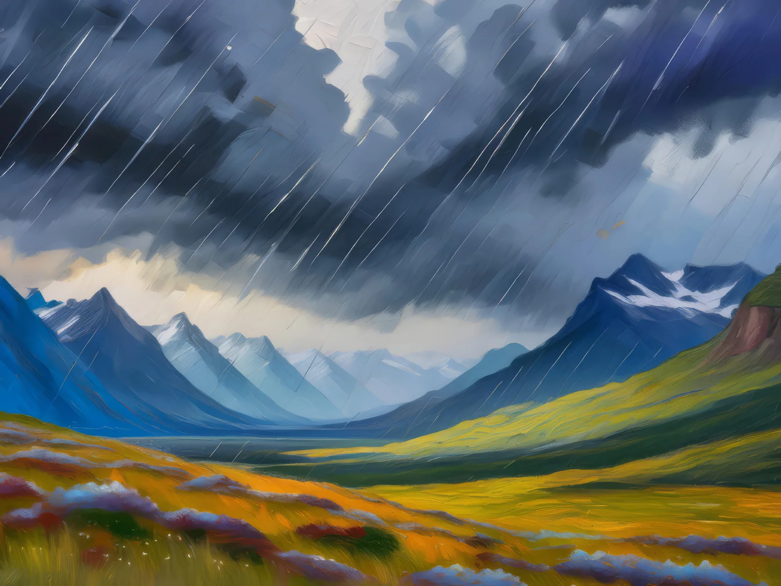 Alpine Tundra Rainstorm, a palette-knife oil landscape by Emma Mickelberg