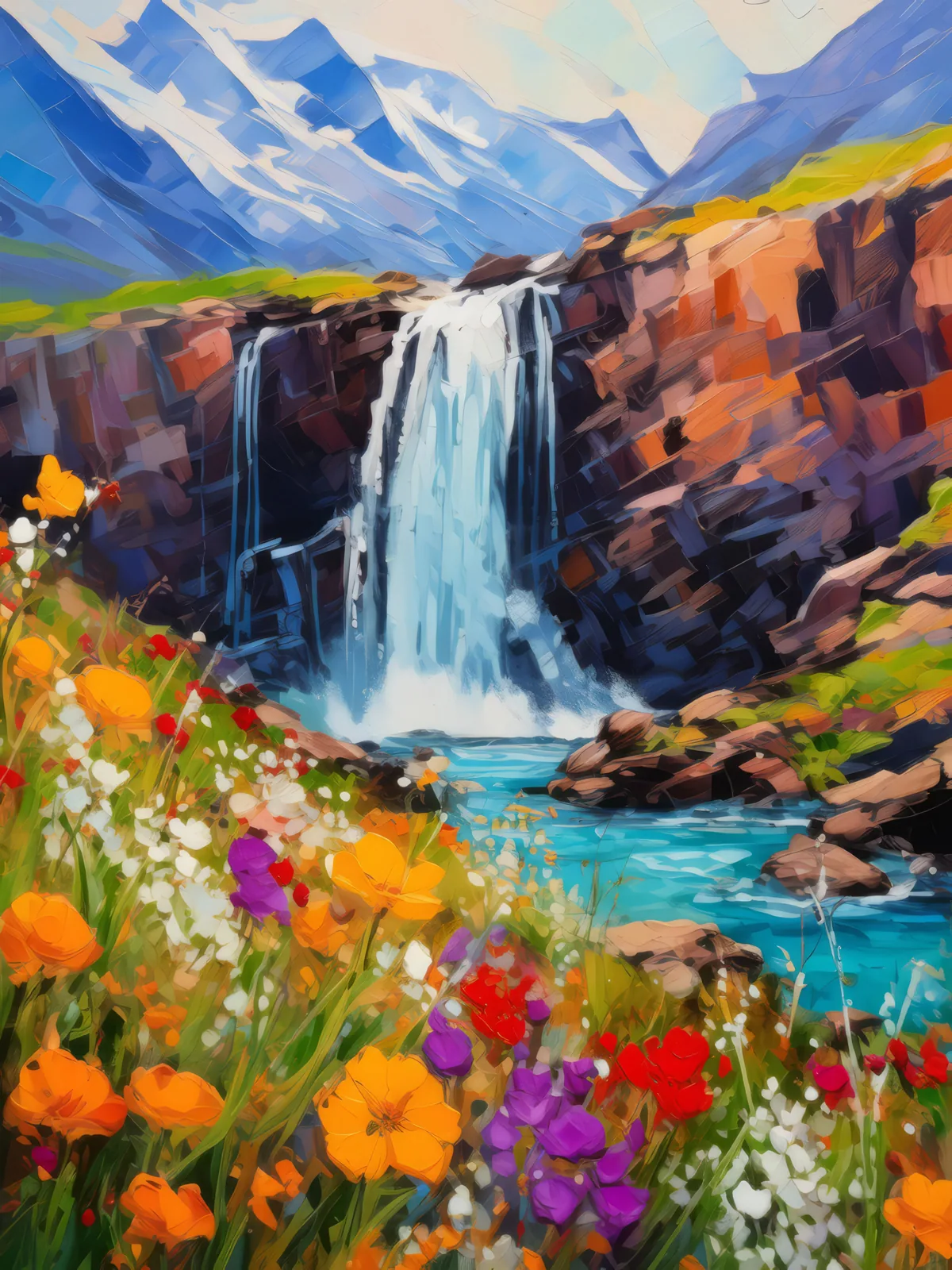 Alpine Tundra Waterfall, a palette-knife oil landscape by Emma Mickelberg