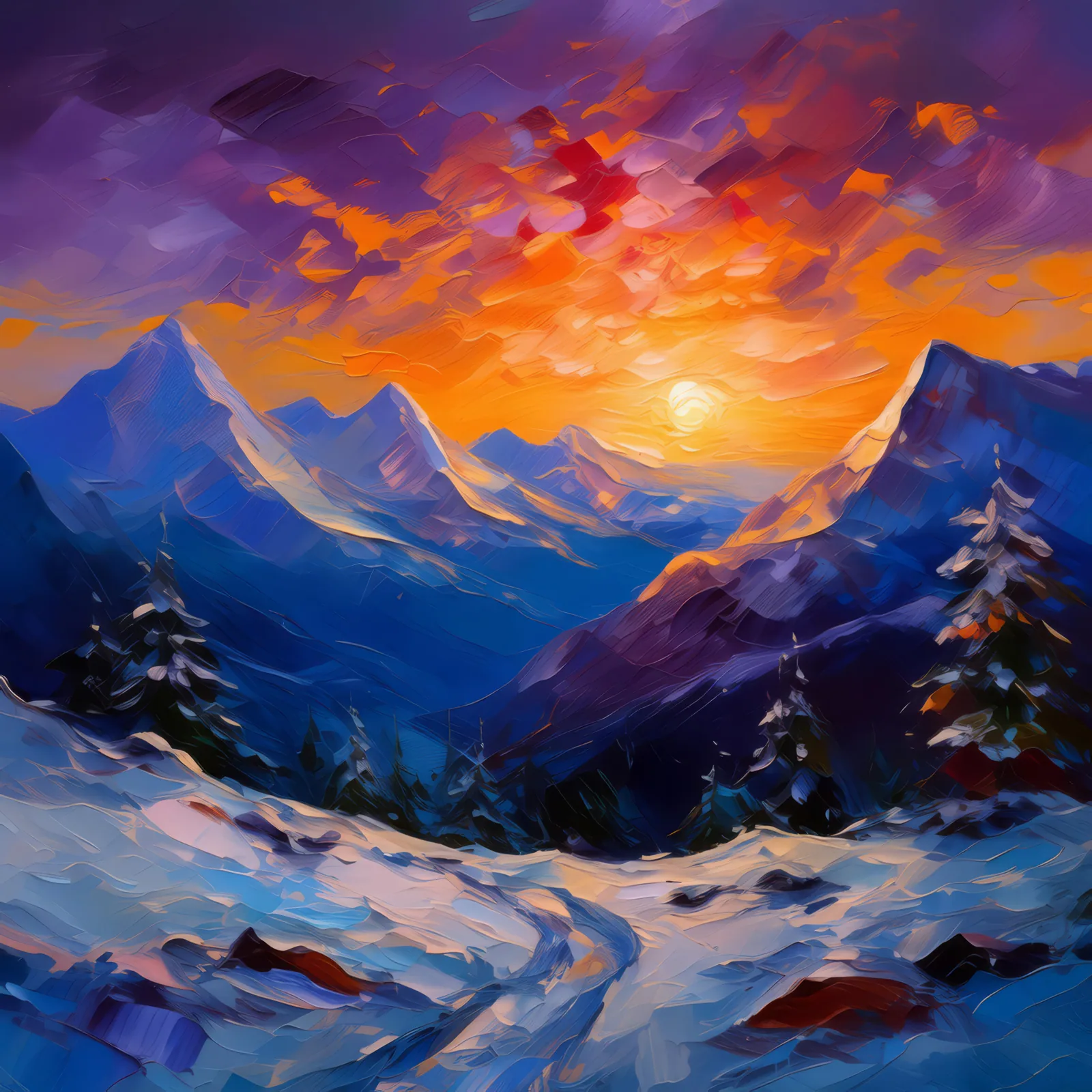 Alpine Twilight Serenity, a palette-knife oil landscape by Emma Mickelberg