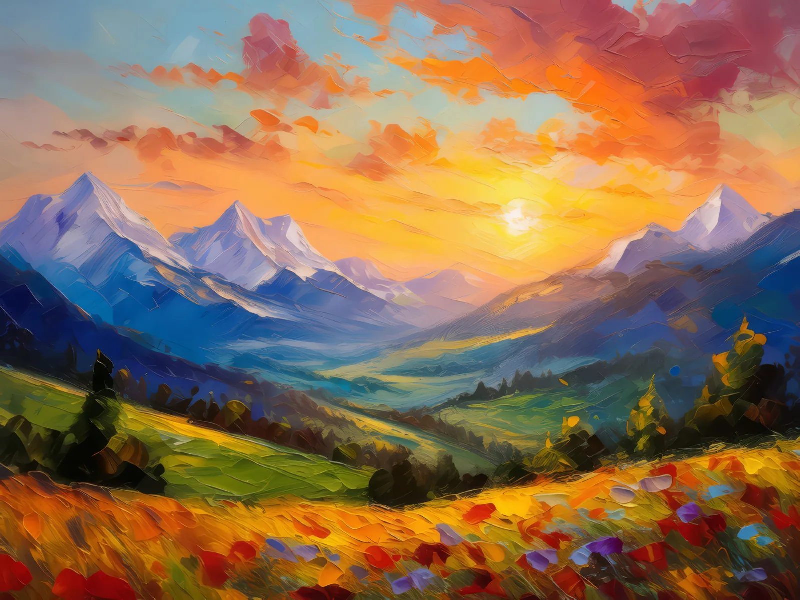Alpine Valley Sunrise, a palette-knife oil landscape by Emma Mickelberg