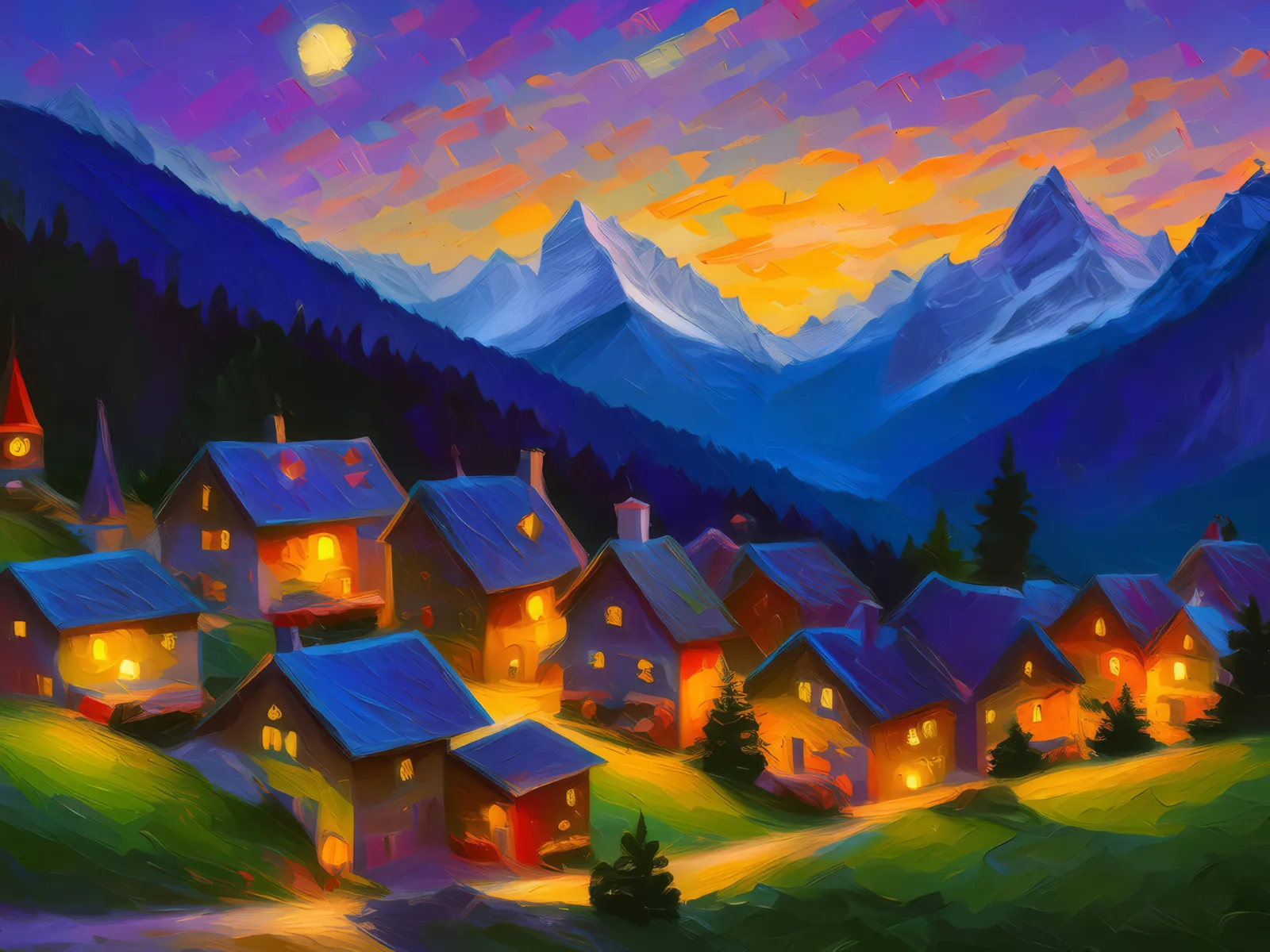 Alpine Village at Dusk, a palette-knife oil landscape by Emma Mickelberg
