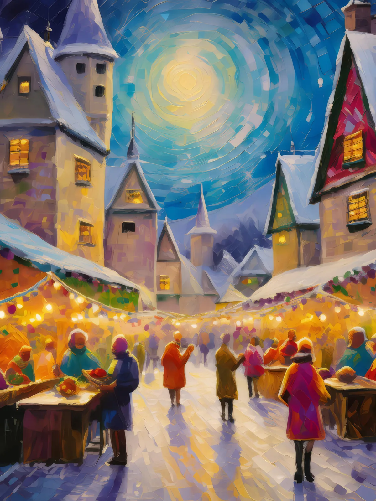 Alpine Village Winter Festival, a palette-knife oil landscape by Emma Mickelberg