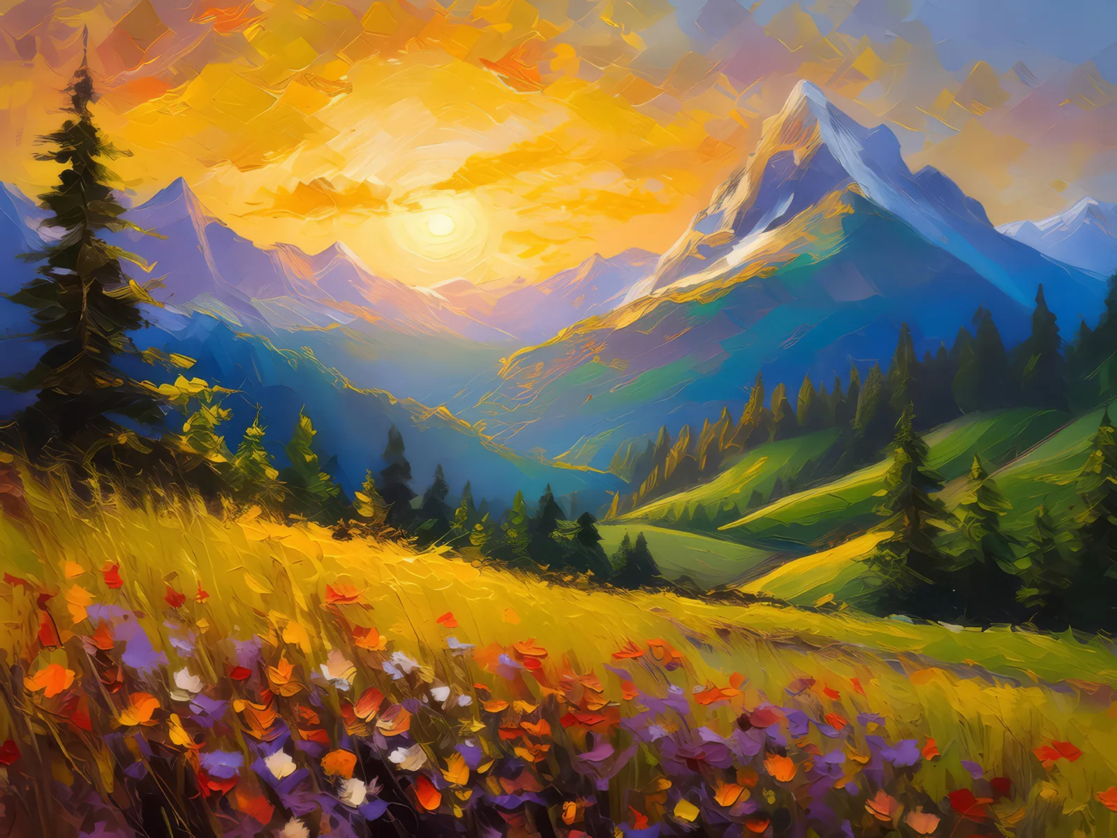 Alpine Vista at Daybreak, a palette-knife oil landscape by Emma Mickelberg
