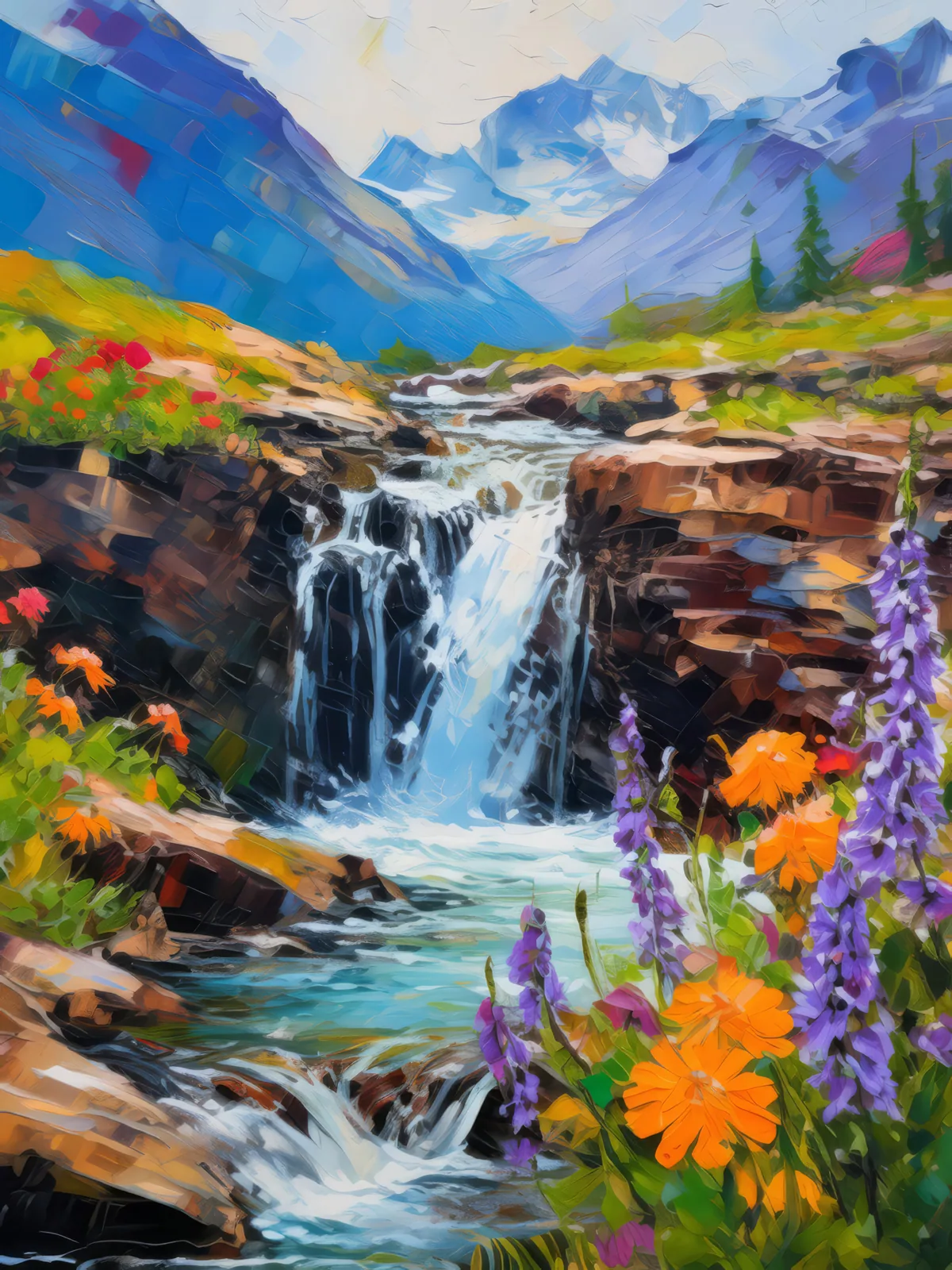 Alpine Waterfall Cascade, a palette-knife oil landscape by Emma Mickelberg