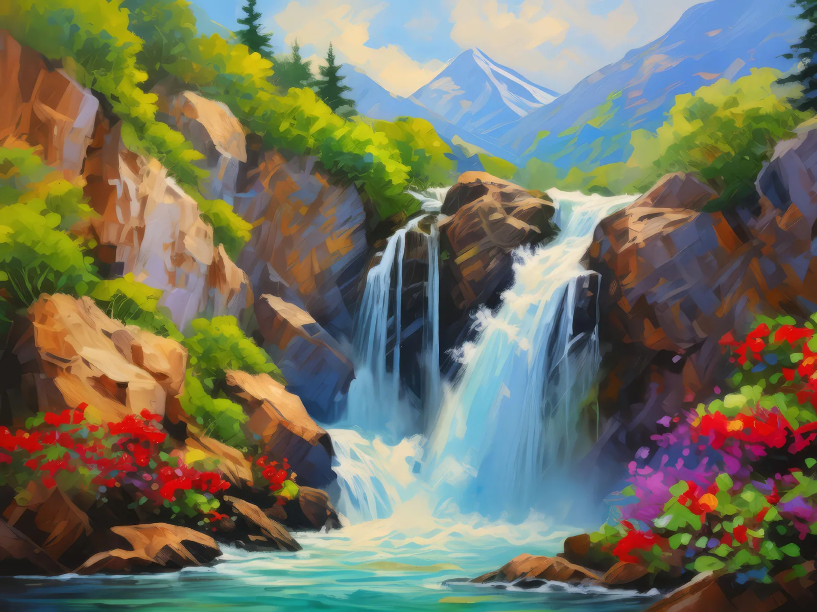 Alpine Waterfall Magic, a palette-knife oil landscape by Emma Mickelberg