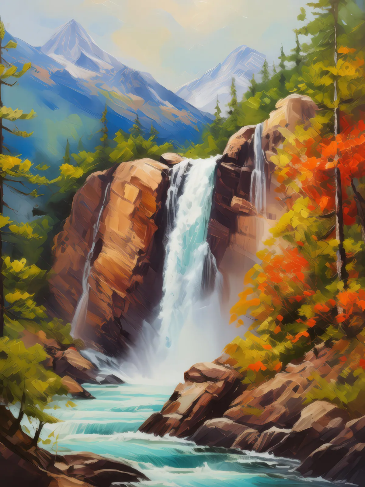 Alpine Waterfall, a palette-knife oil landscape by Emma Mickelberg