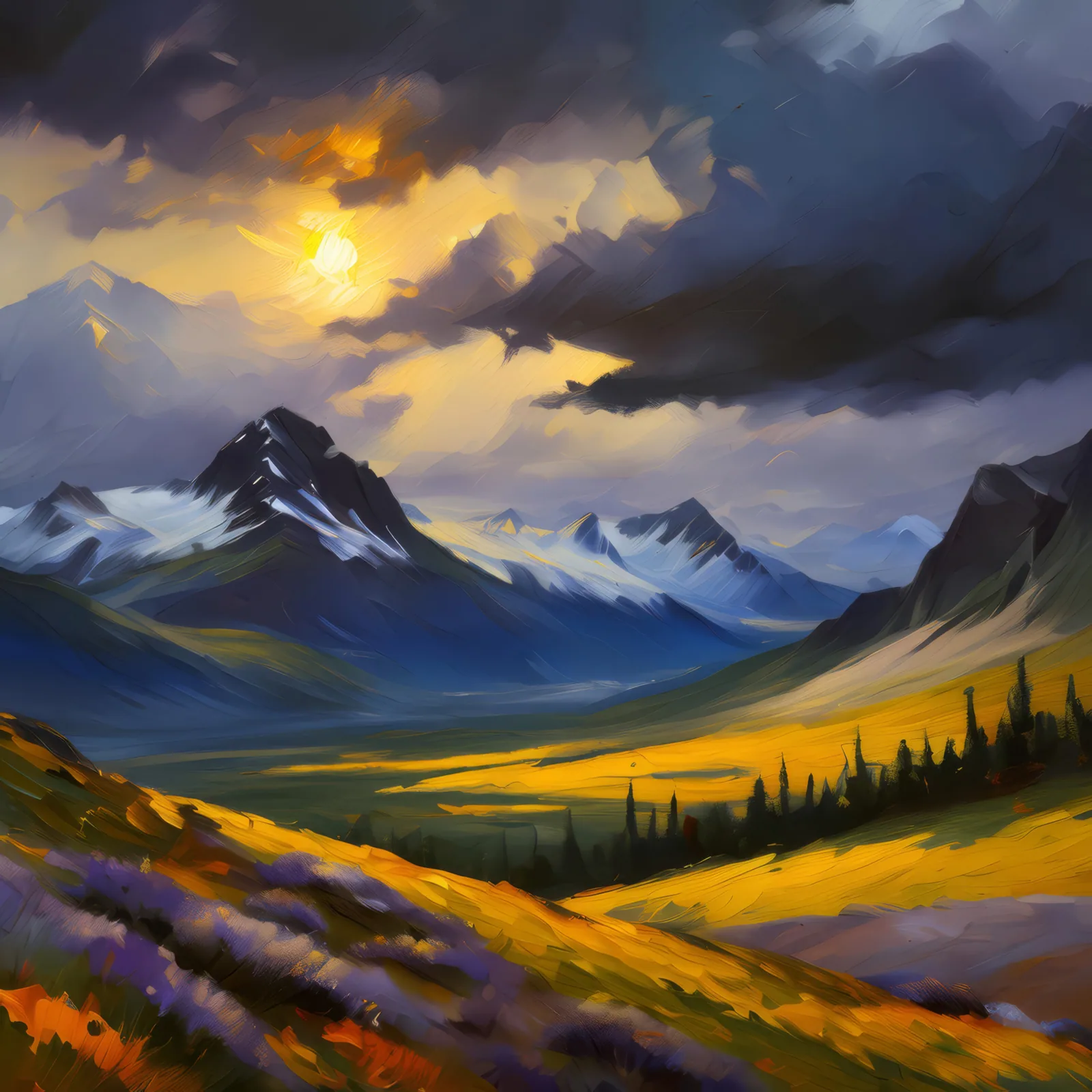 Alpine Weather Change, a palette-knife oil landscape by Emma Mickelberg