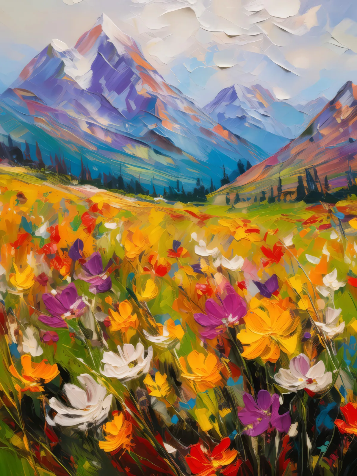 Alpine Wildflower Field, a palette-knife oil landscape by Emma Mickelberg