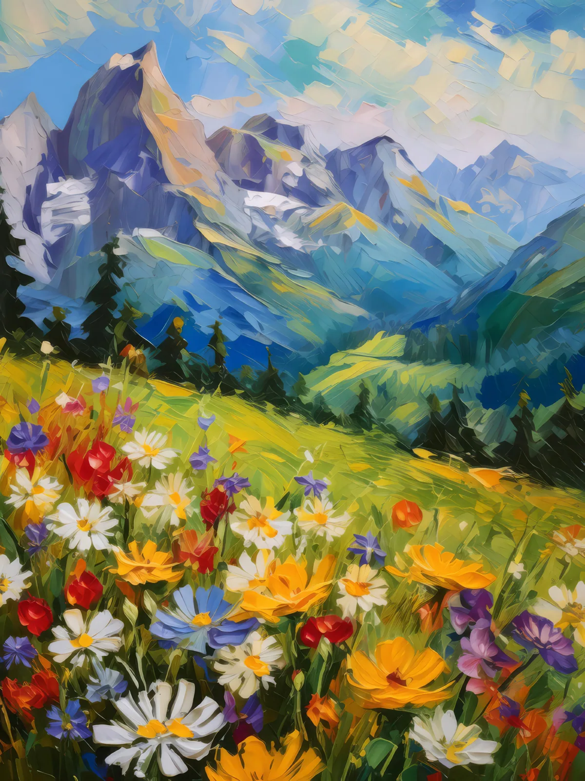 Alpine Wildflower Haven, a palette-knife oil landscape by Emma Mickelberg