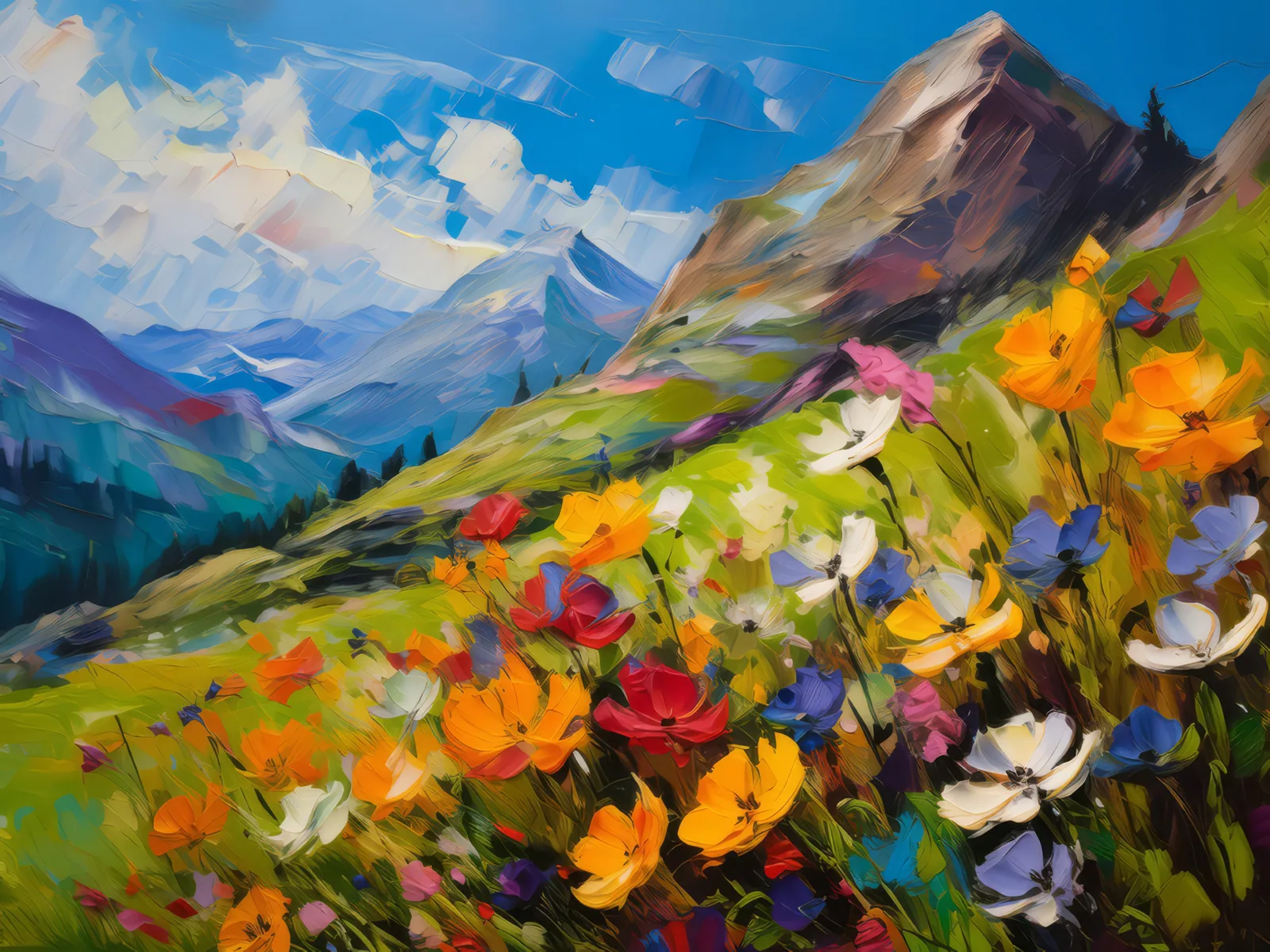 Alpine Wildflower Hillside, a palette-knife oil landscape by Emma Mickelberg