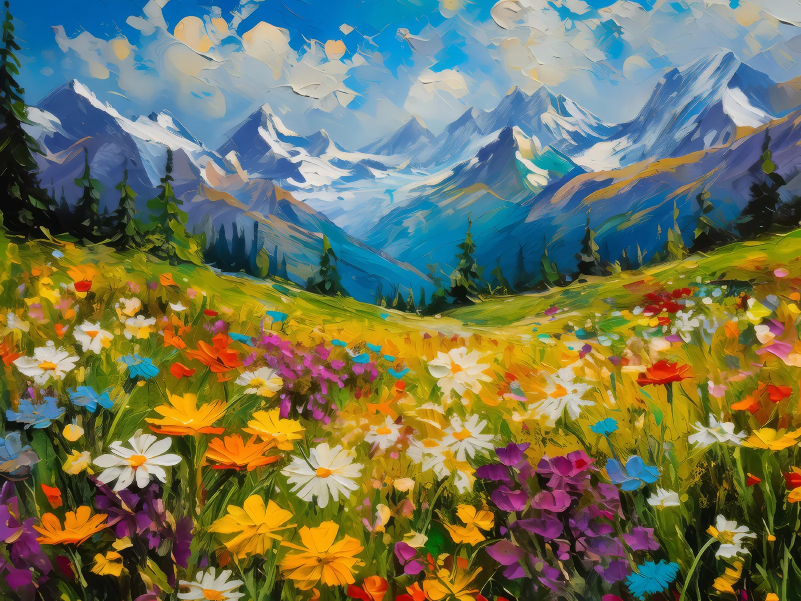 Alpine Wildflower Meadow, a palette-knife oil landscape by Emma Mickelberg