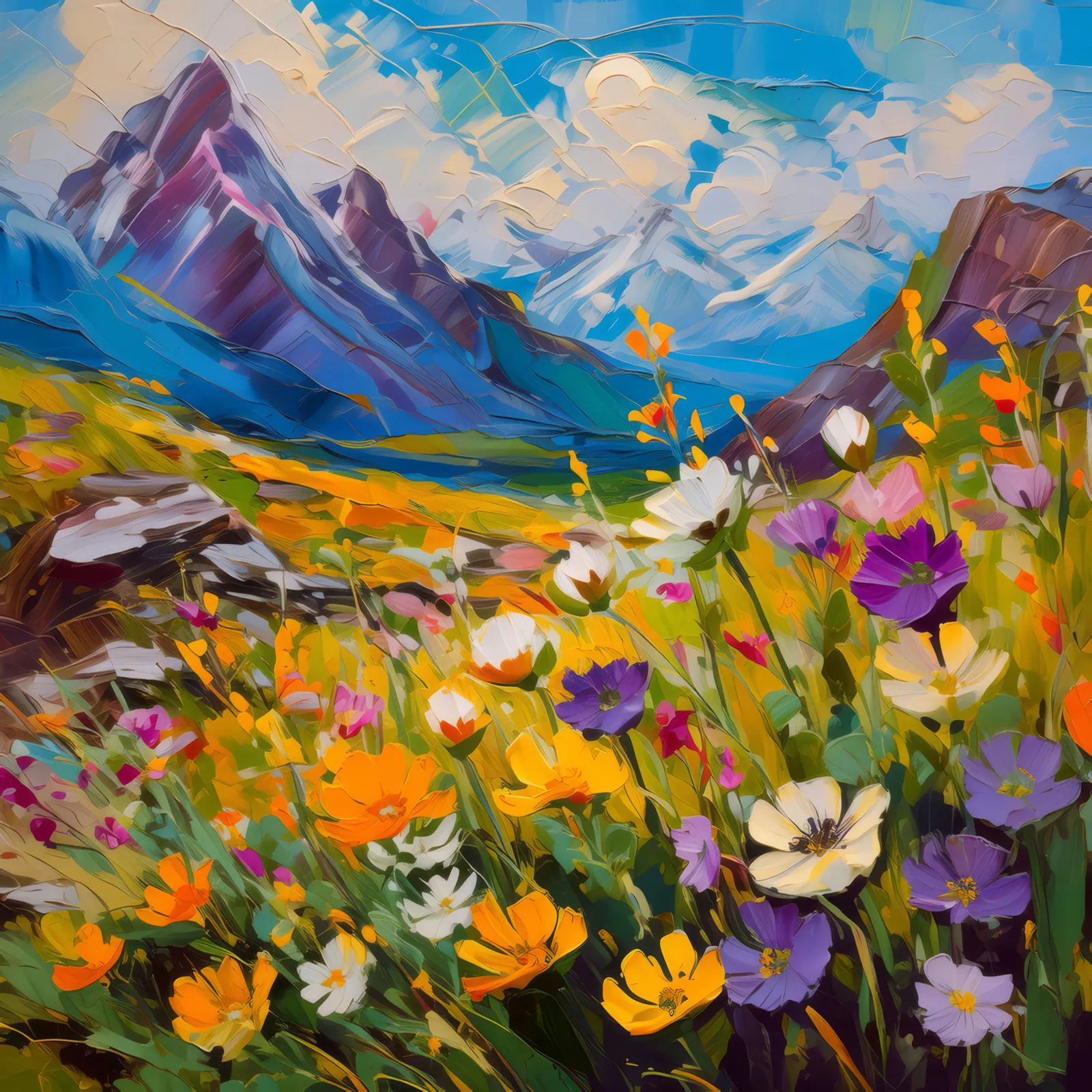 Alpine Wildflower Patch, a palette-knife oil landscape by Emma Mickelberg