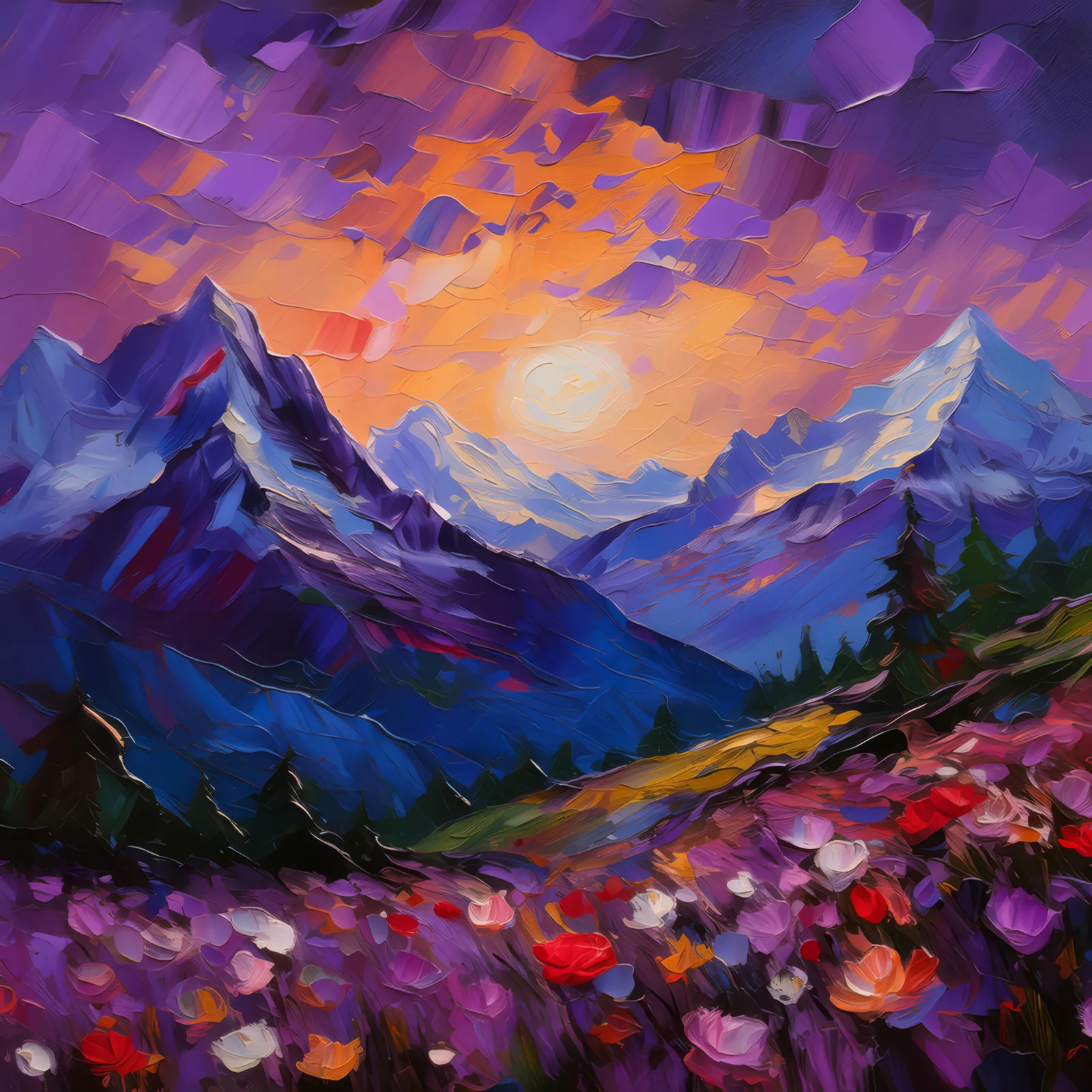 Alpine Wilds at Twilight, a palette-knife oil landscape by Emma Mickelberg