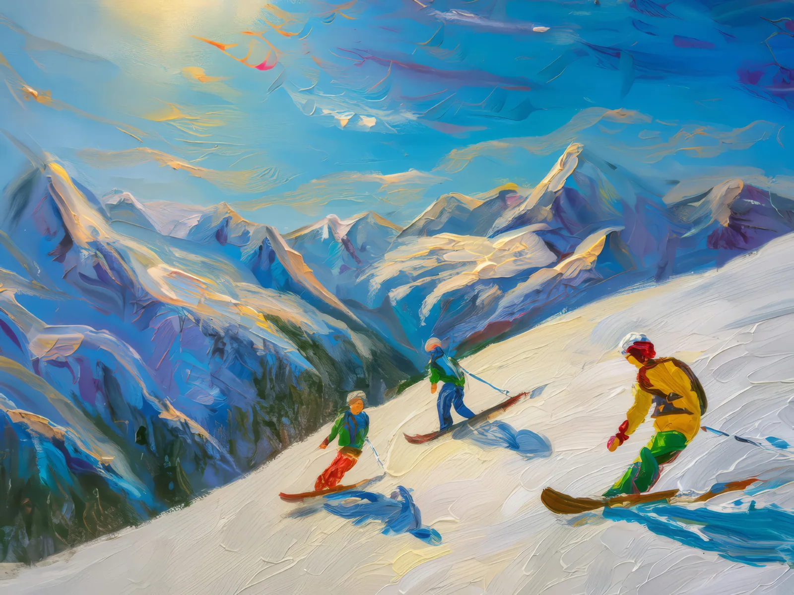 Alpine Winter Adventure, a palette-knife oil landscape by Emma Mickelberg