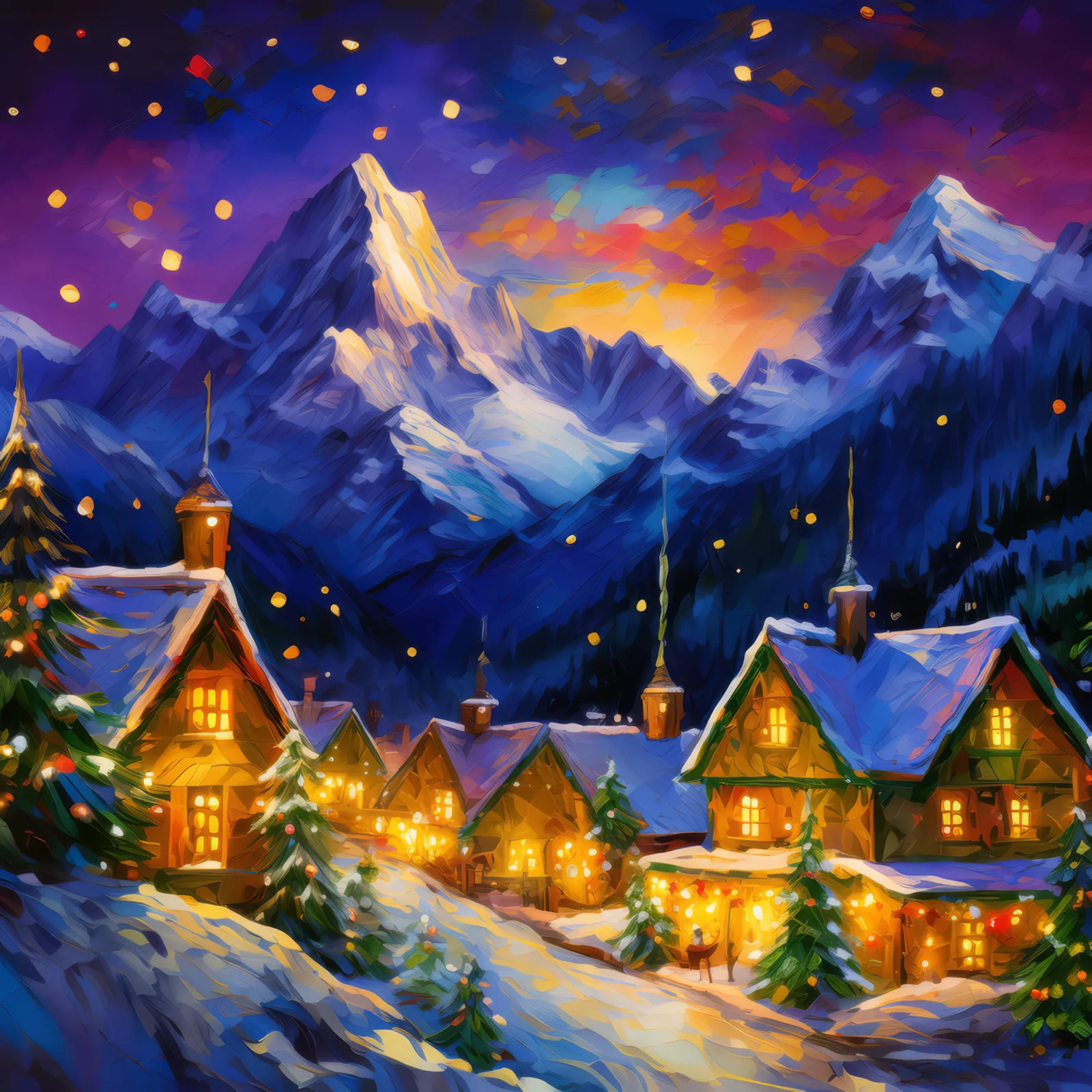Alpine Winter Night Lights, a palette-knife oil landscape by Emma Mickelberg