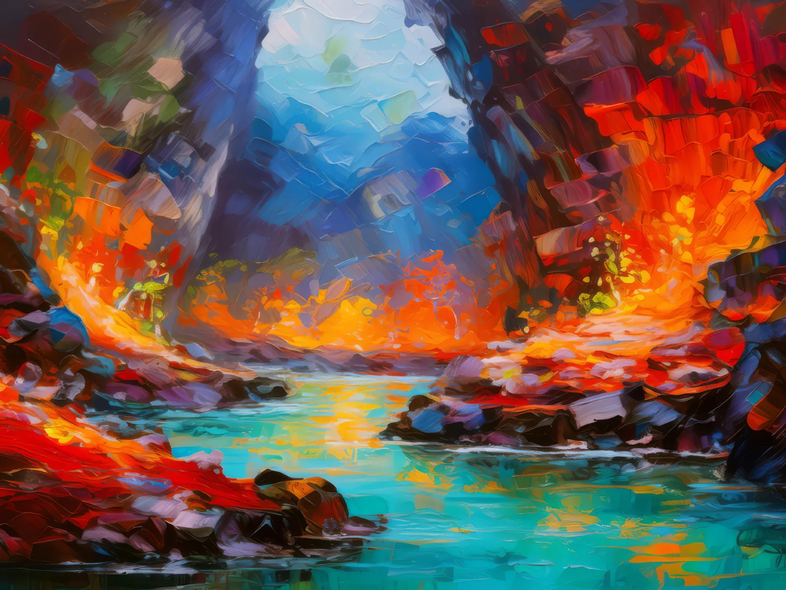 Ancient Lava Grotto, a palette-knife oil landscape by Emma Mickelberg