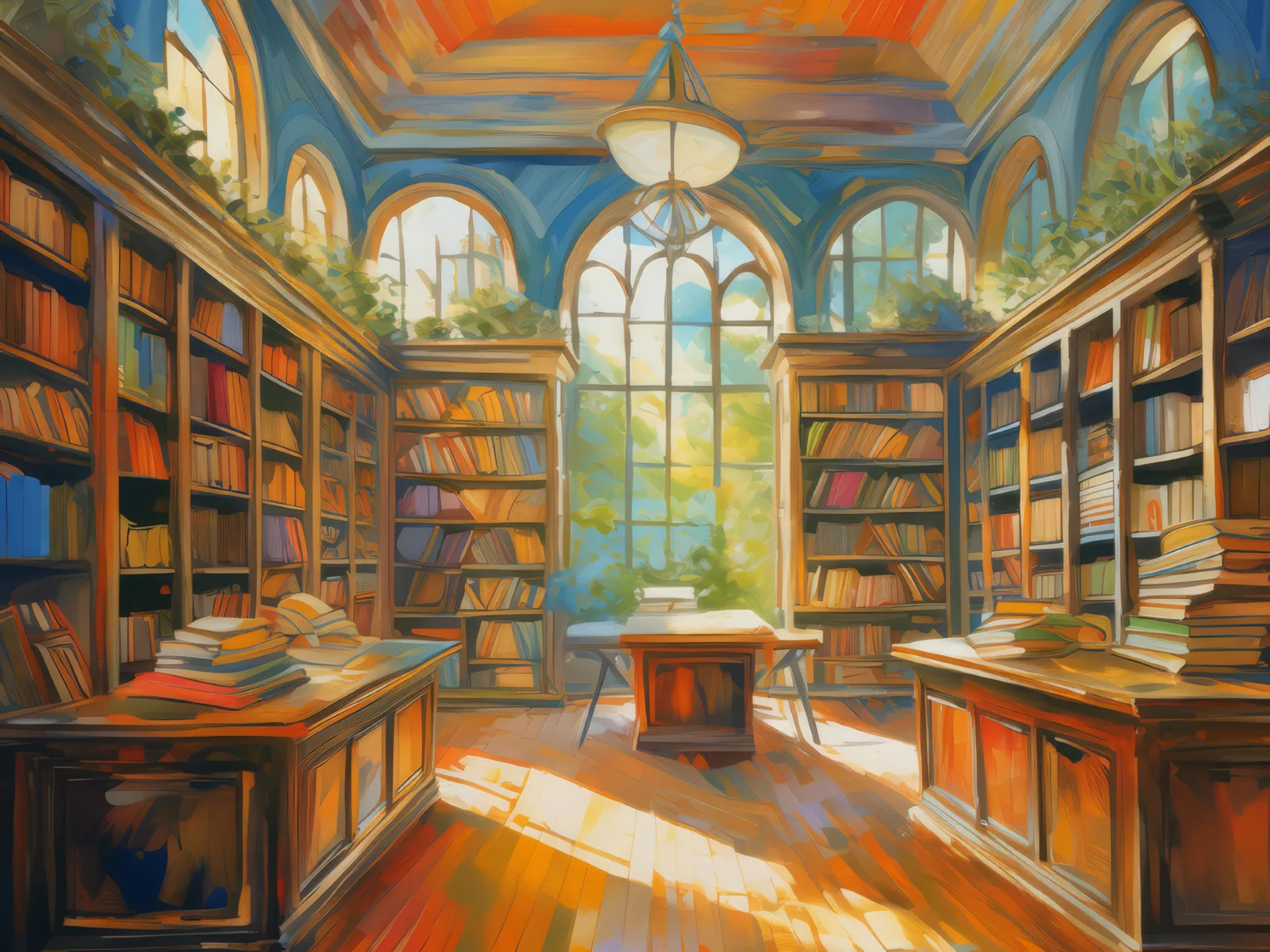 Antique Bookstore Interior, a palette-knife oil landscape by Emma Mickelberg