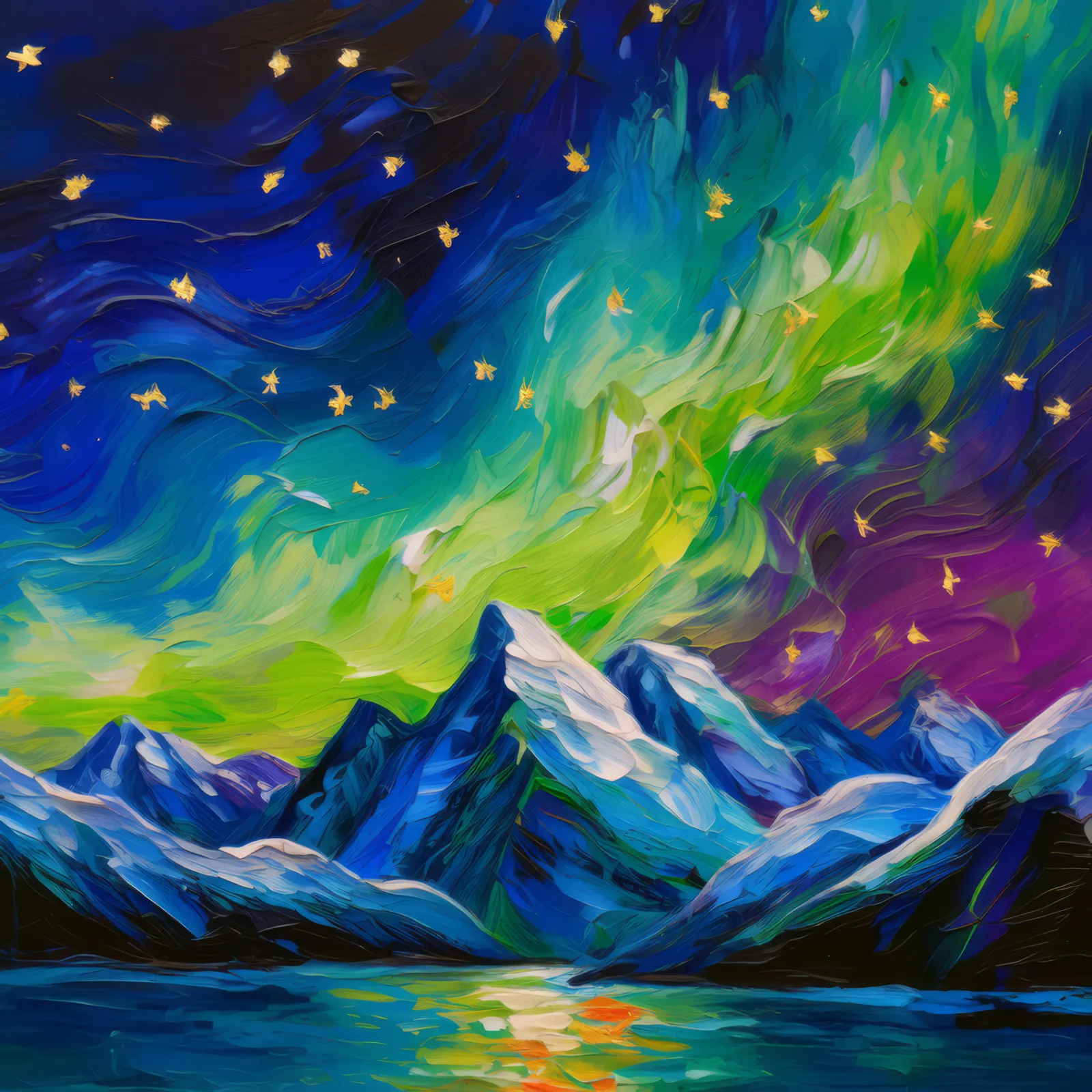 Arctic Aurora Night, a palette-knife oil landscape by Emma Mickelberg