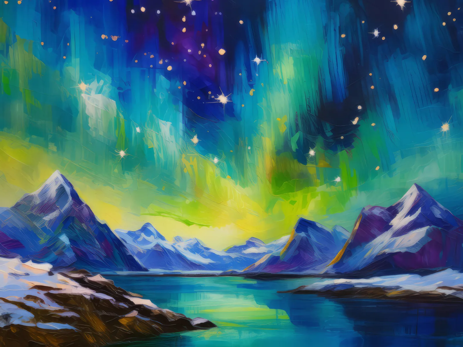 Arctic Aurora Peaks, a palette-knife oil landscape by Emma Mickelberg