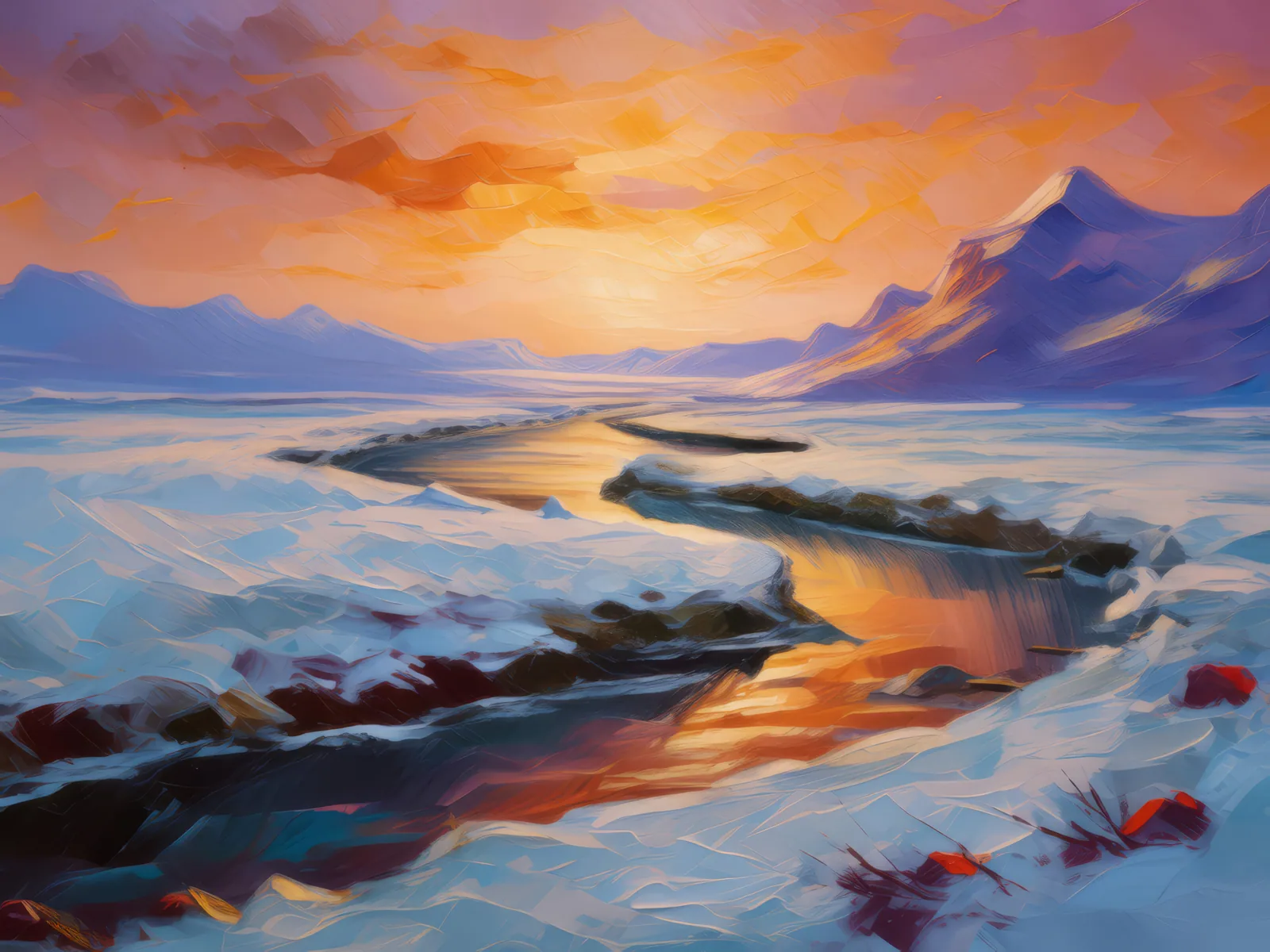 Arctic Desert Frozen River Bend, a palette-knife oil landscape by Emma Mickelberg