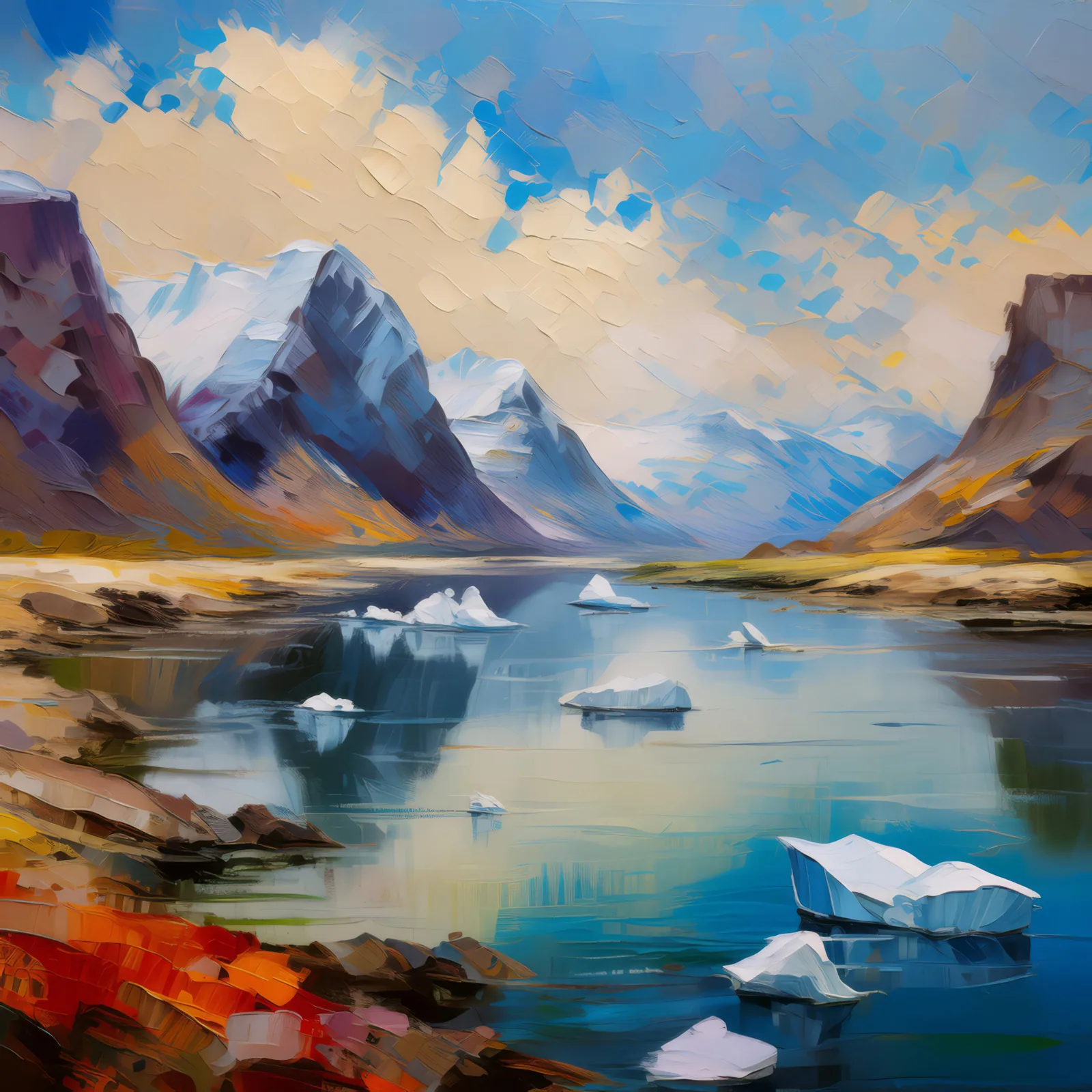 Arctic Desert Iceberg Lake, a palette-knife oil landscape by Emma Mickelberg