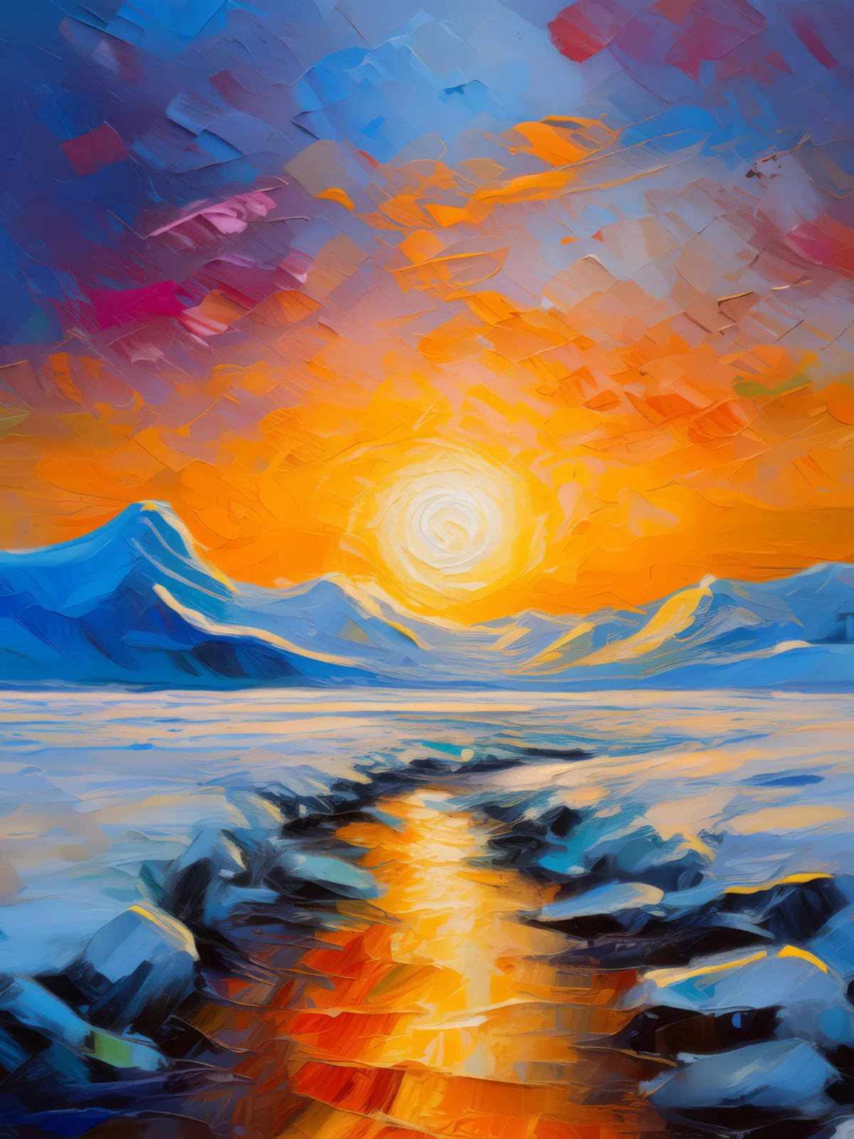 Arctic Desert Midnight Sun, a palette-knife oil landscape by Emma Mickelberg