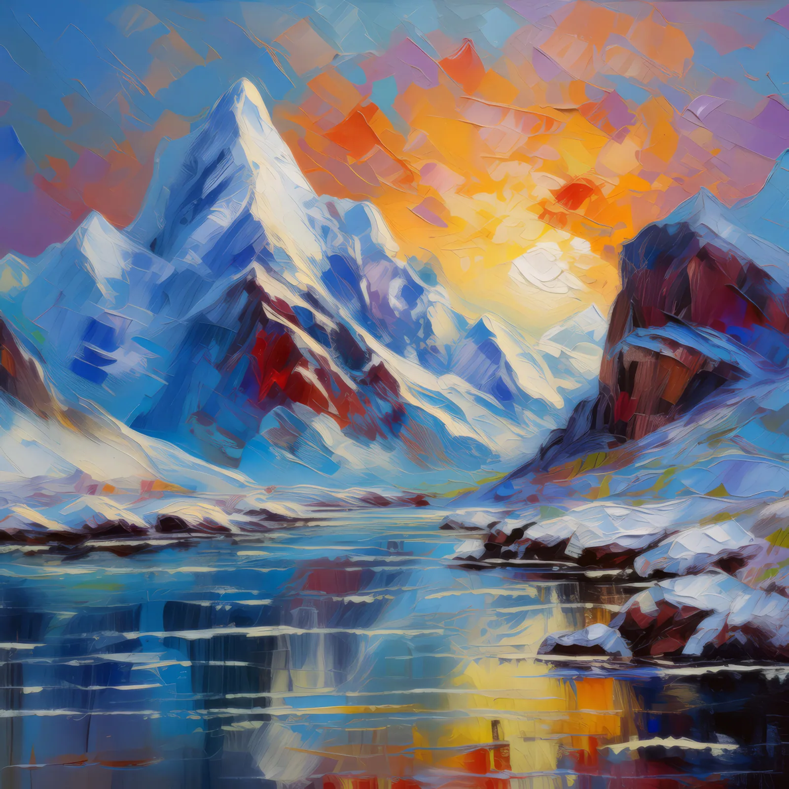 Arctic Desert Snowy Peaks, a palette-knife oil landscape by Emma Mickelberg