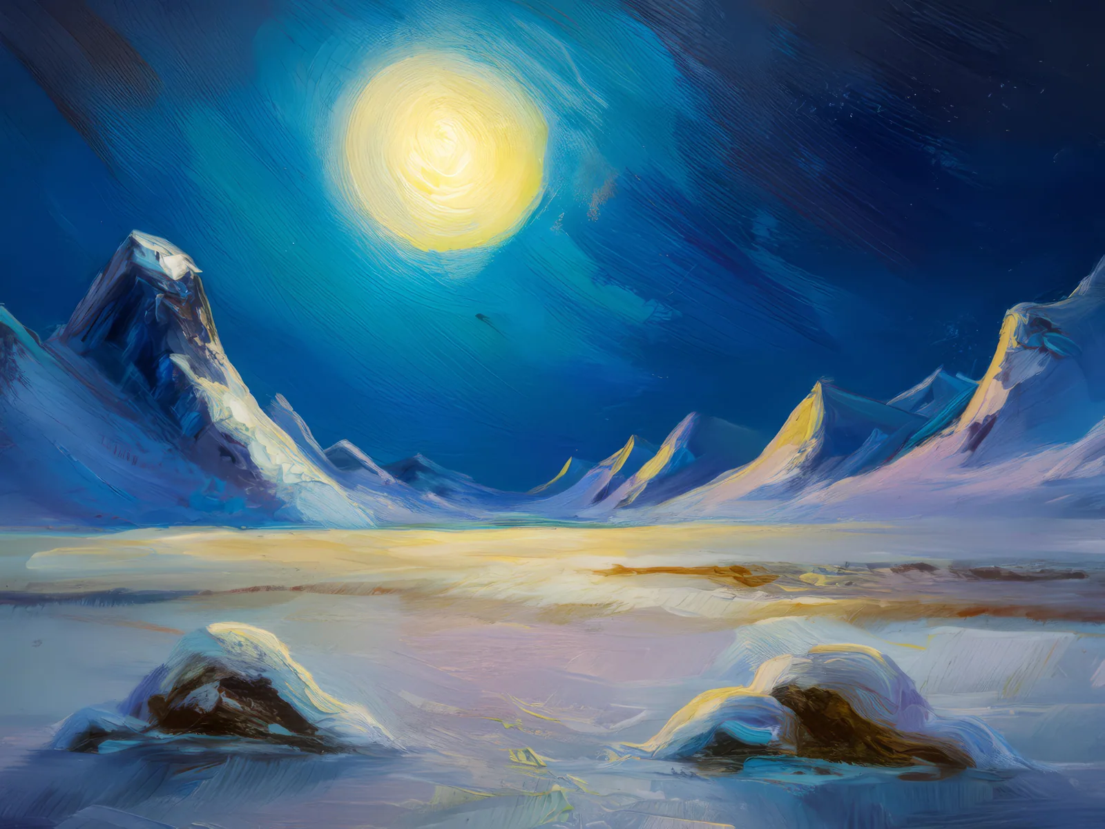 Arctic Desert Under Full Moon, a palette-knife oil landscape by Emma Mickelberg