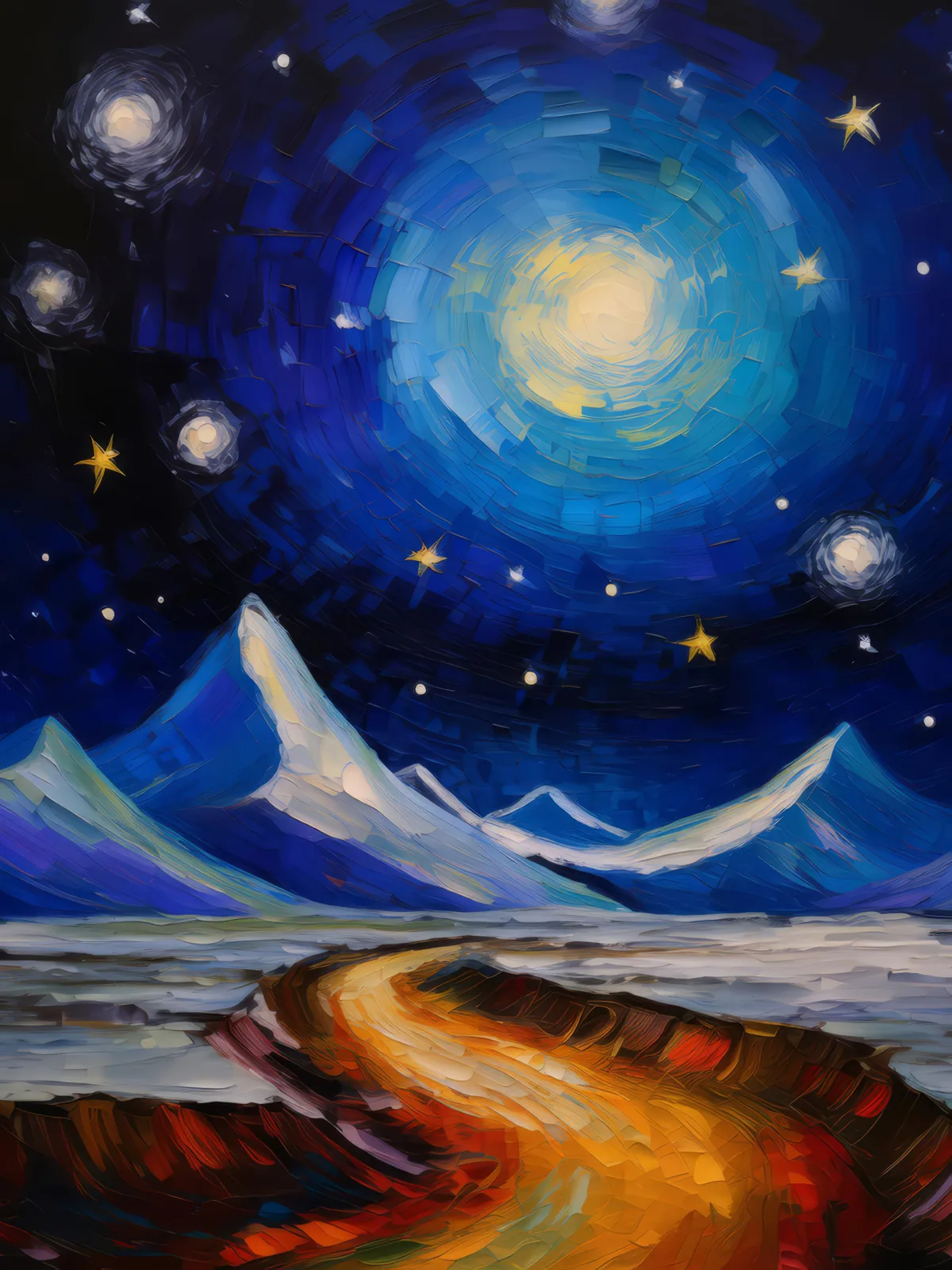 Arctic Desert Under the Stars, a palette-knife oil landscape by Emma Mickelberg