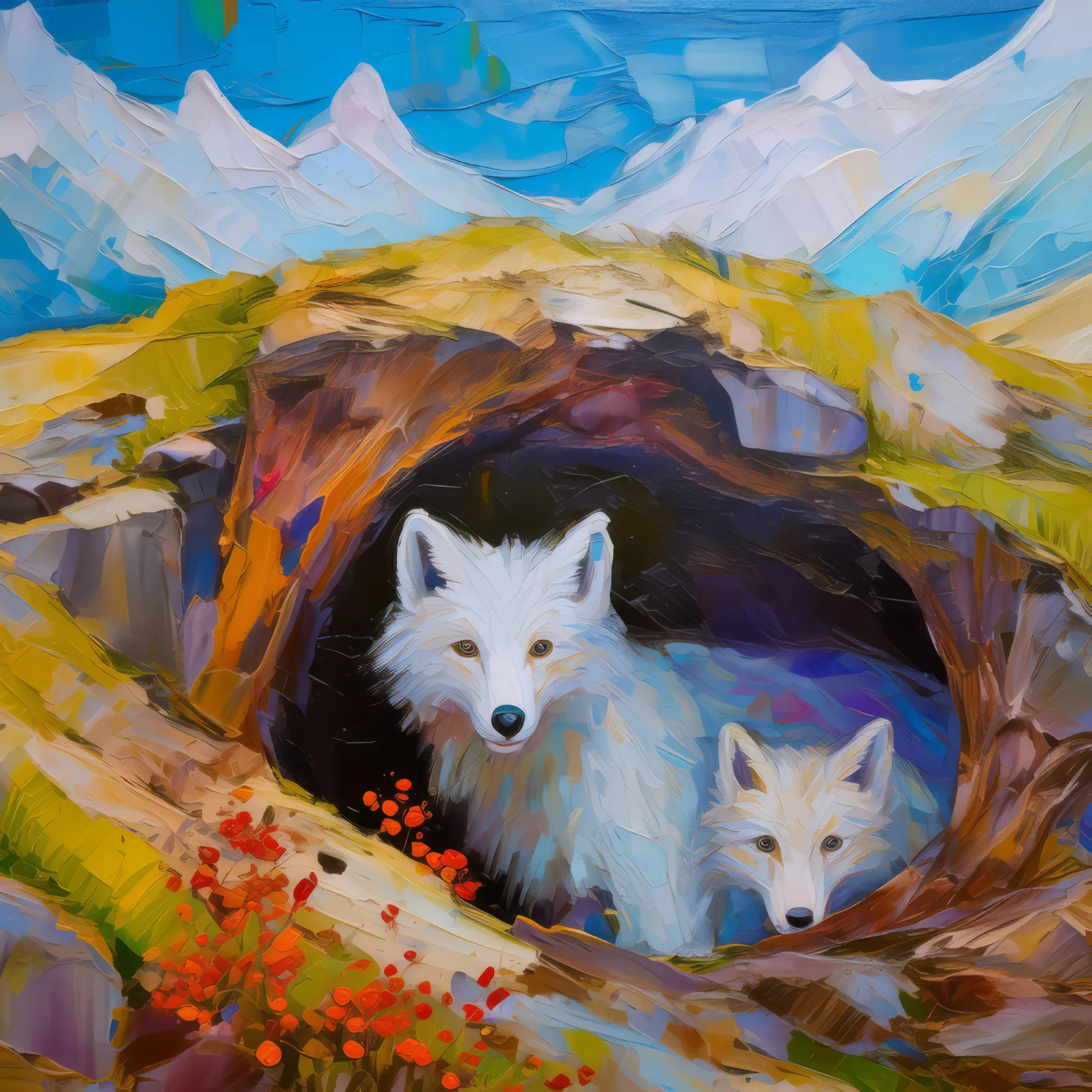 Arctic Fox Den Life, a palette-knife oil landscape by Emma Mickelberg