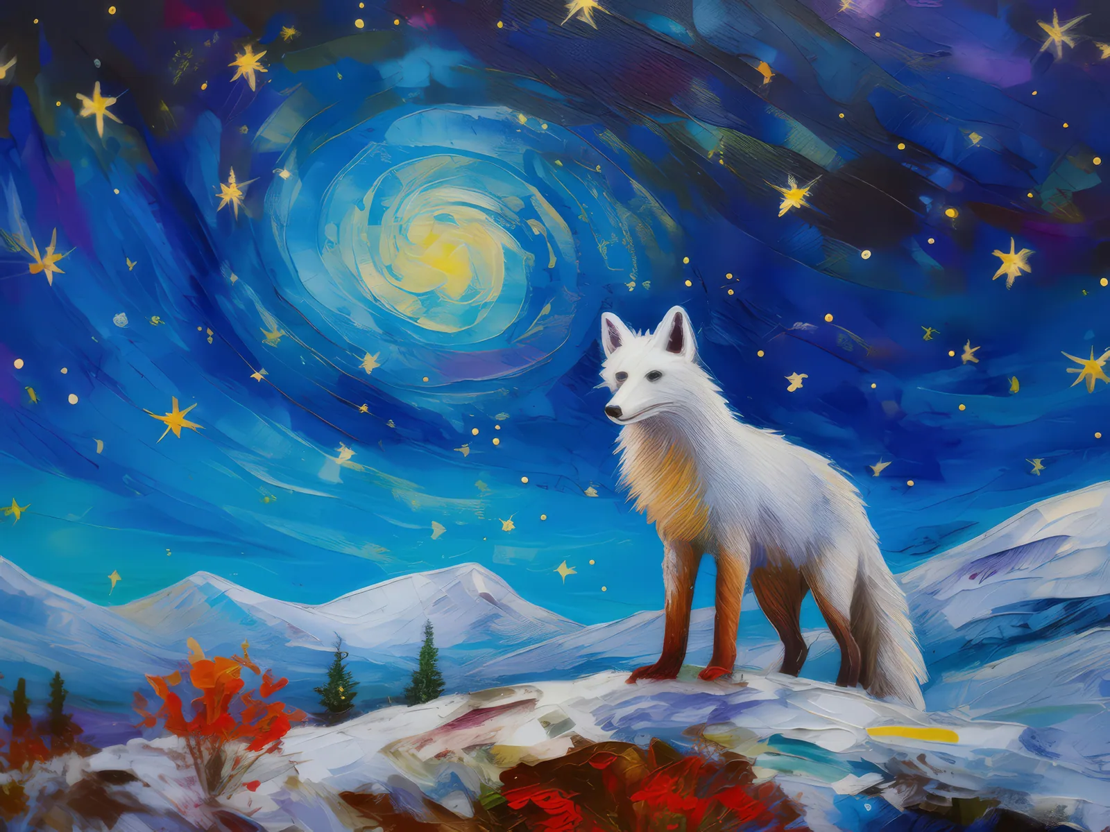 Arctic Fox Night Watch, a palette-knife oil landscape by Emma Mickelberg