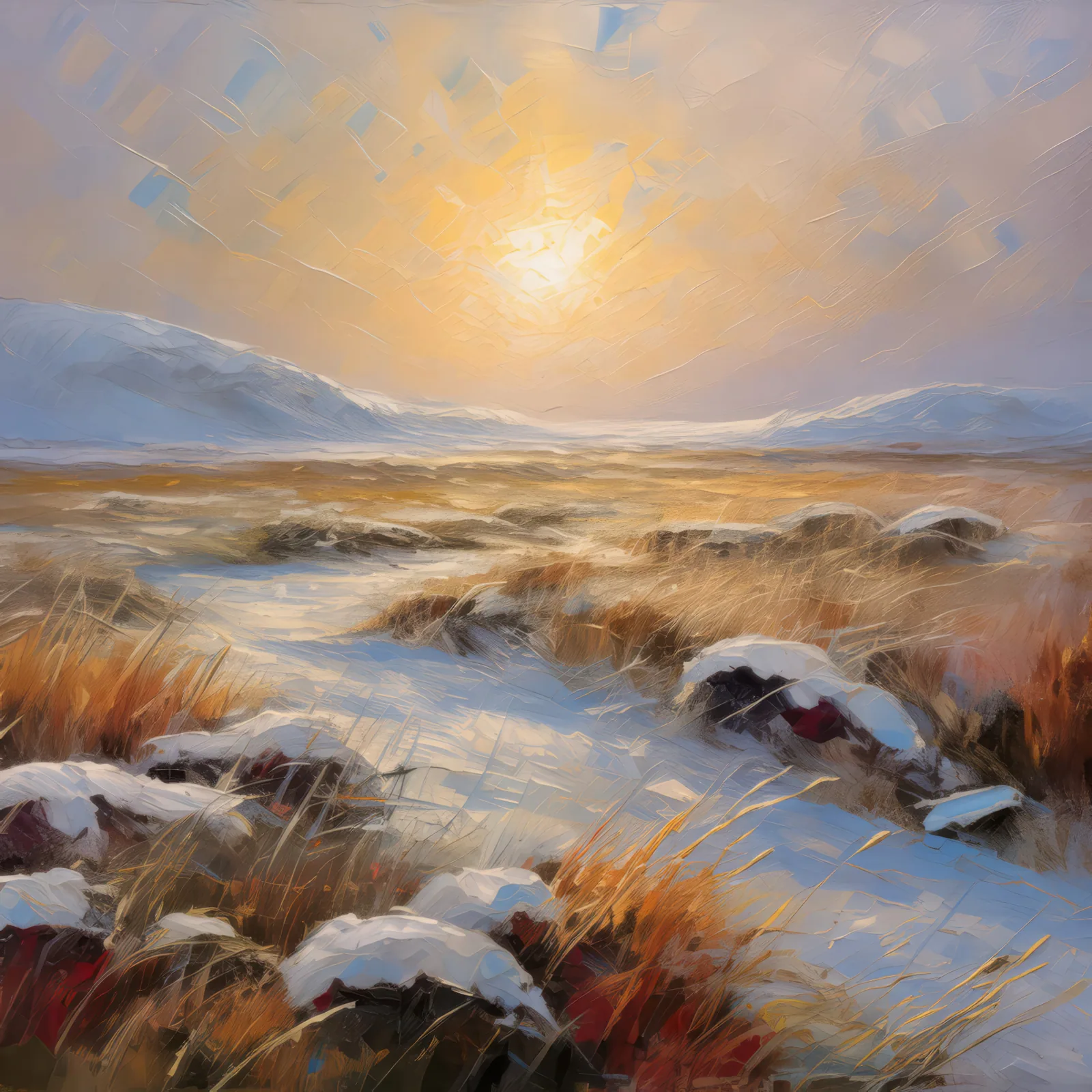 Arctic Grassland at Dawn, a palette-knife oil landscape by Emma Mickelberg