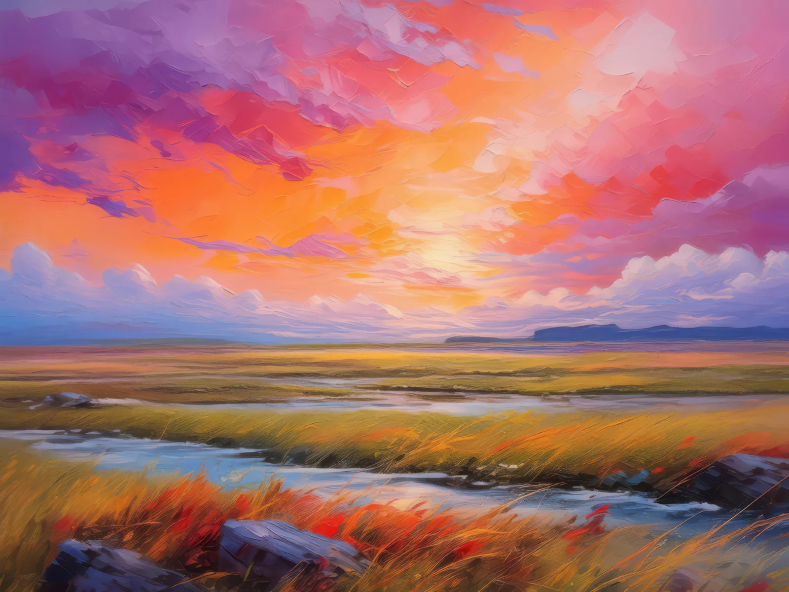 Arctic Grassland at Dusk, a palette-knife oil landscape by Emma Mickelberg