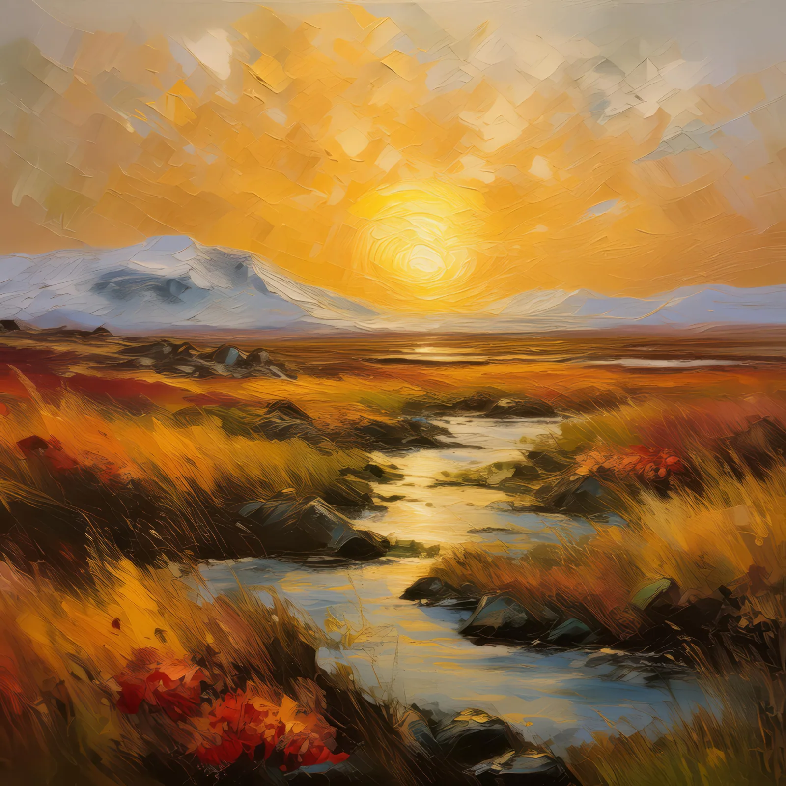 Arctic Grassland at Sunset, a palette-knife oil landscape by Emma Mickelberg