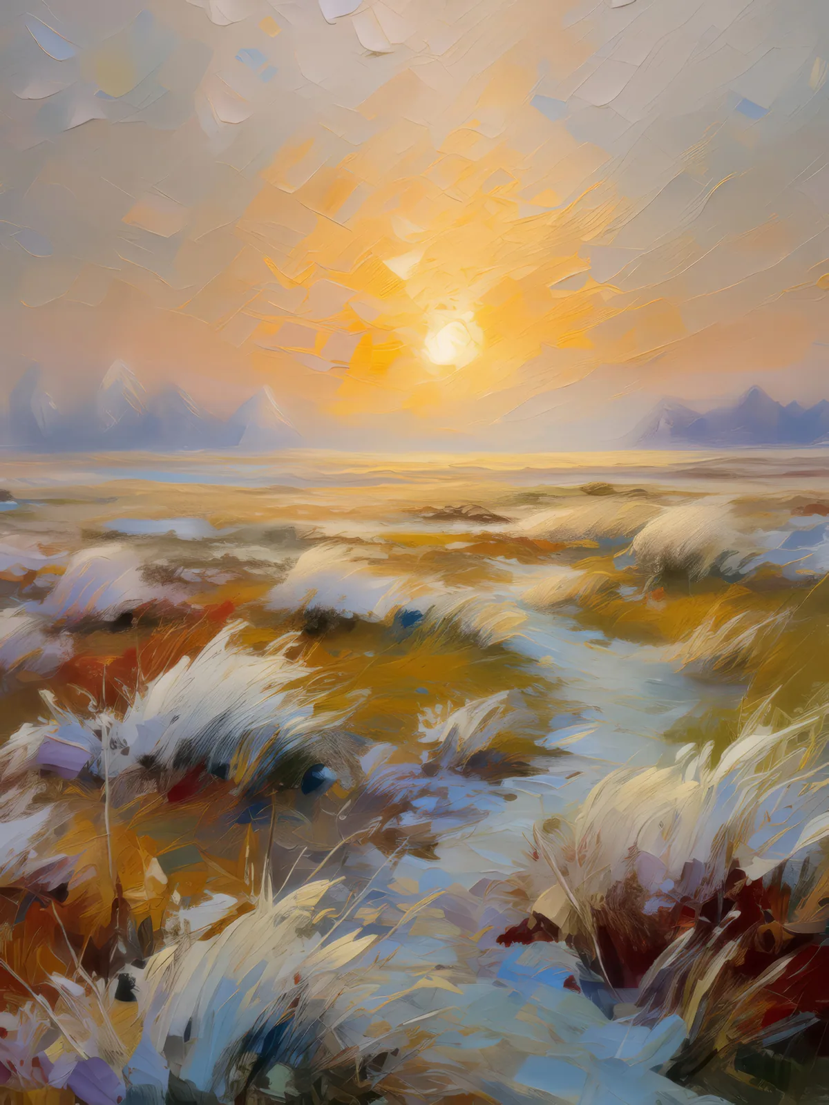 Arctic Grassland Dawn, a palette-knife oil landscape by Emma Mickelberg