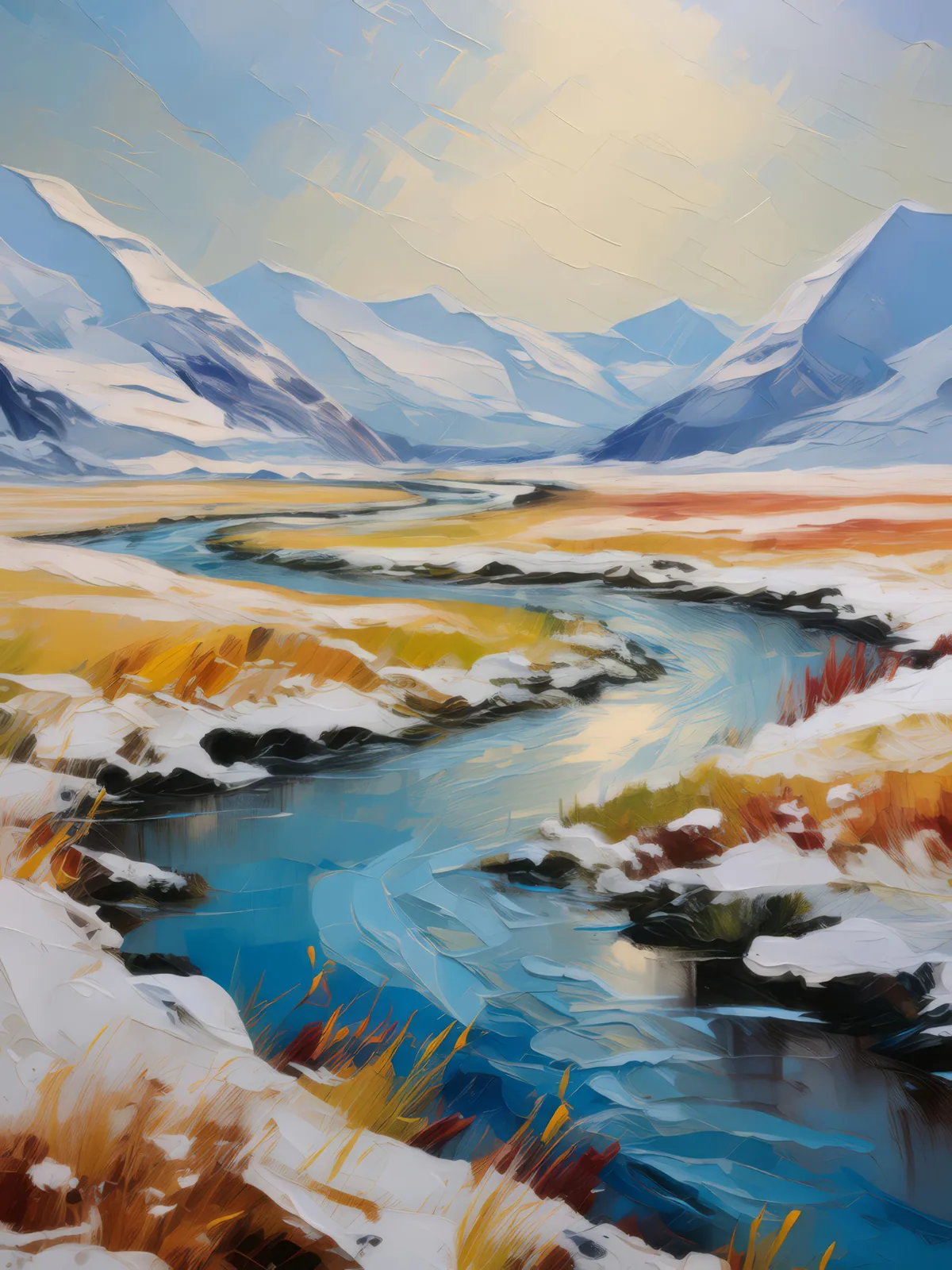 Arctic Grassland River, a palette-knife oil landscape by Emma Mickelberg