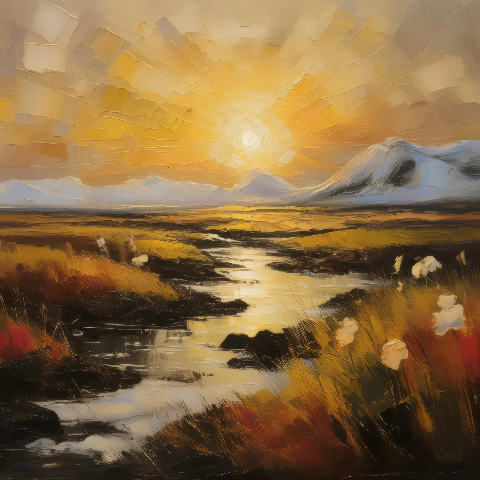 Arctic Grassland Sunrise, a palette-knife oil landscape by Emma Mickelberg