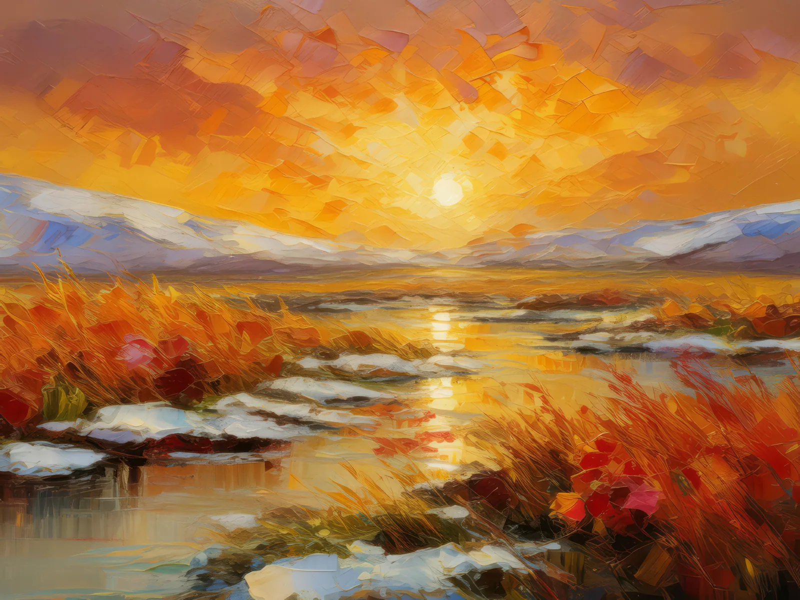 Arctic Grassland Sunset, a palette-knife oil landscape by Emma Mickelberg