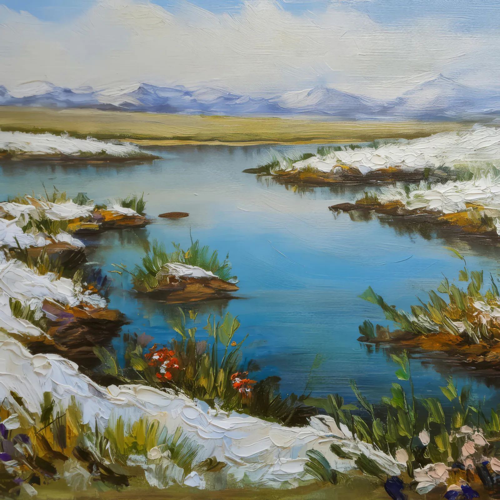 Arctic Grassland with Lake, a palette-knife oil landscape by Emma Mickelberg
