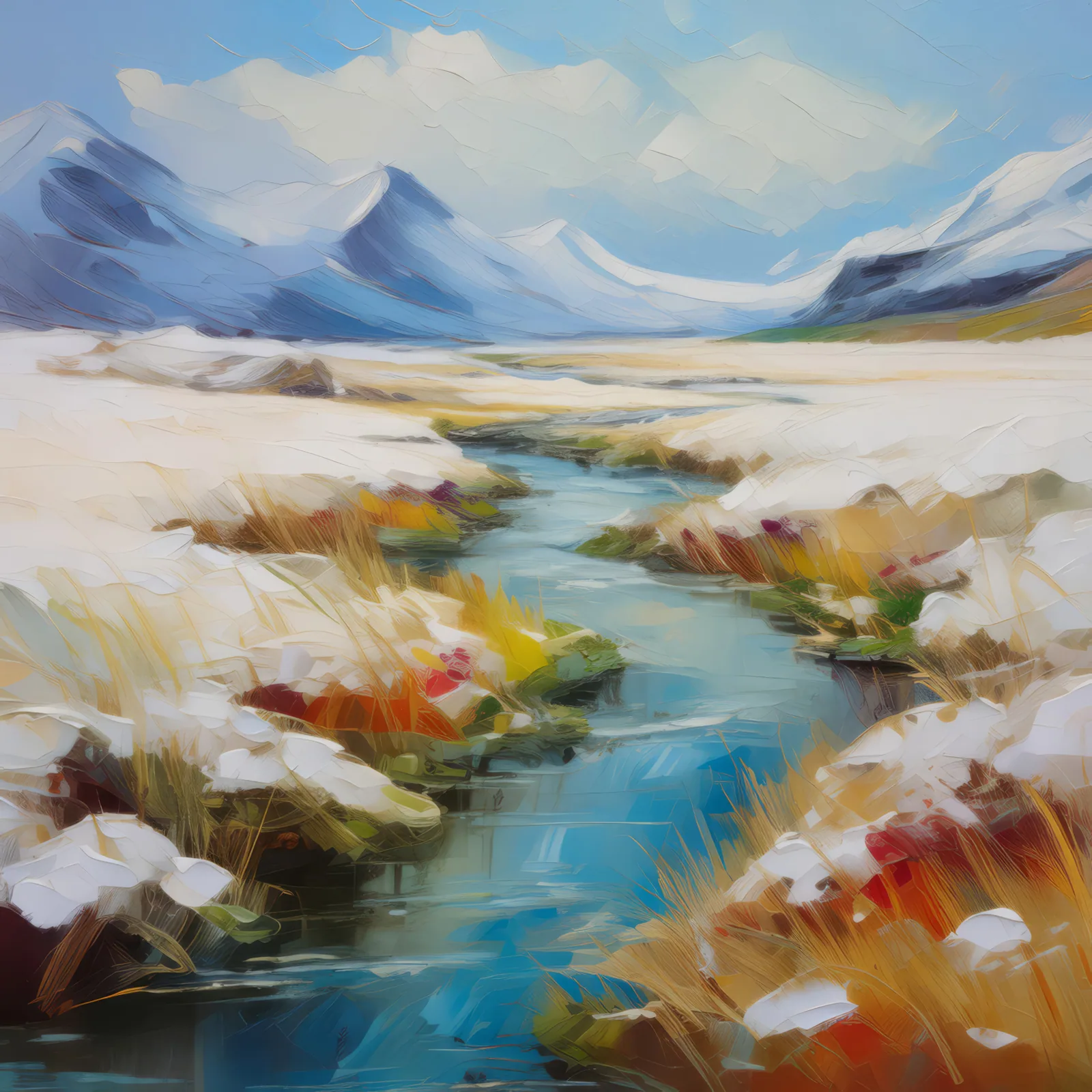Arctic Grassland with Stream, a palette-knife oil landscape by Emma Mickelberg
