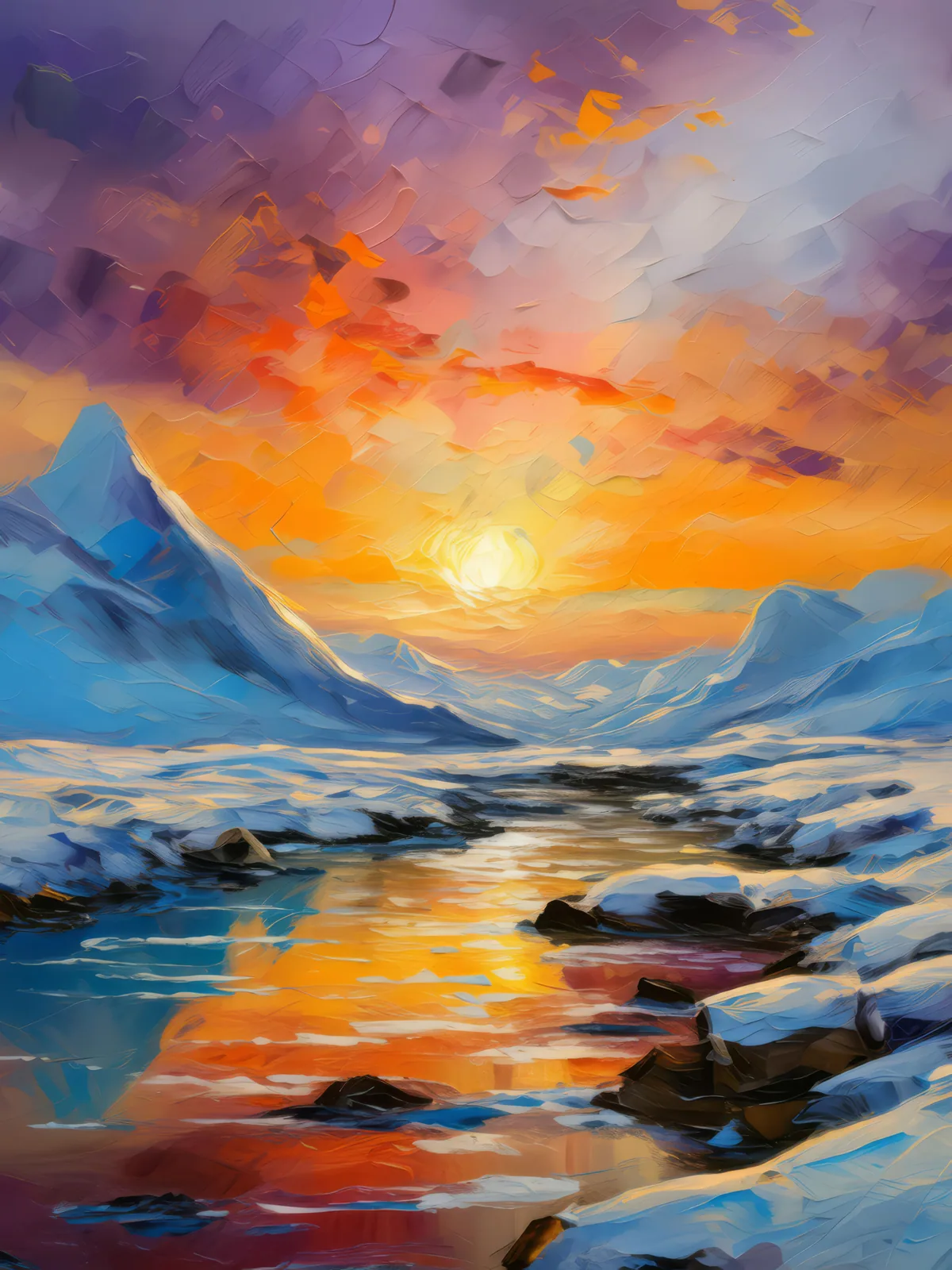 Arctic Hues at Sunset, a palette-knife oil landscape by Emma Mickelberg