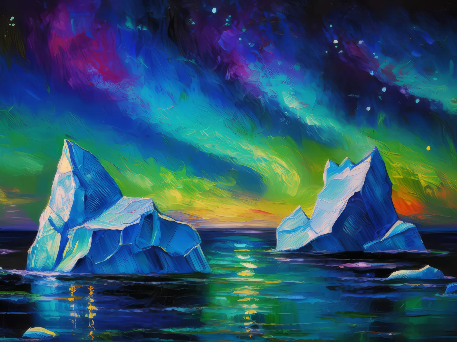 Arctic Icebergs Night, a palette-knife oil landscape by Emma Mickelberg
