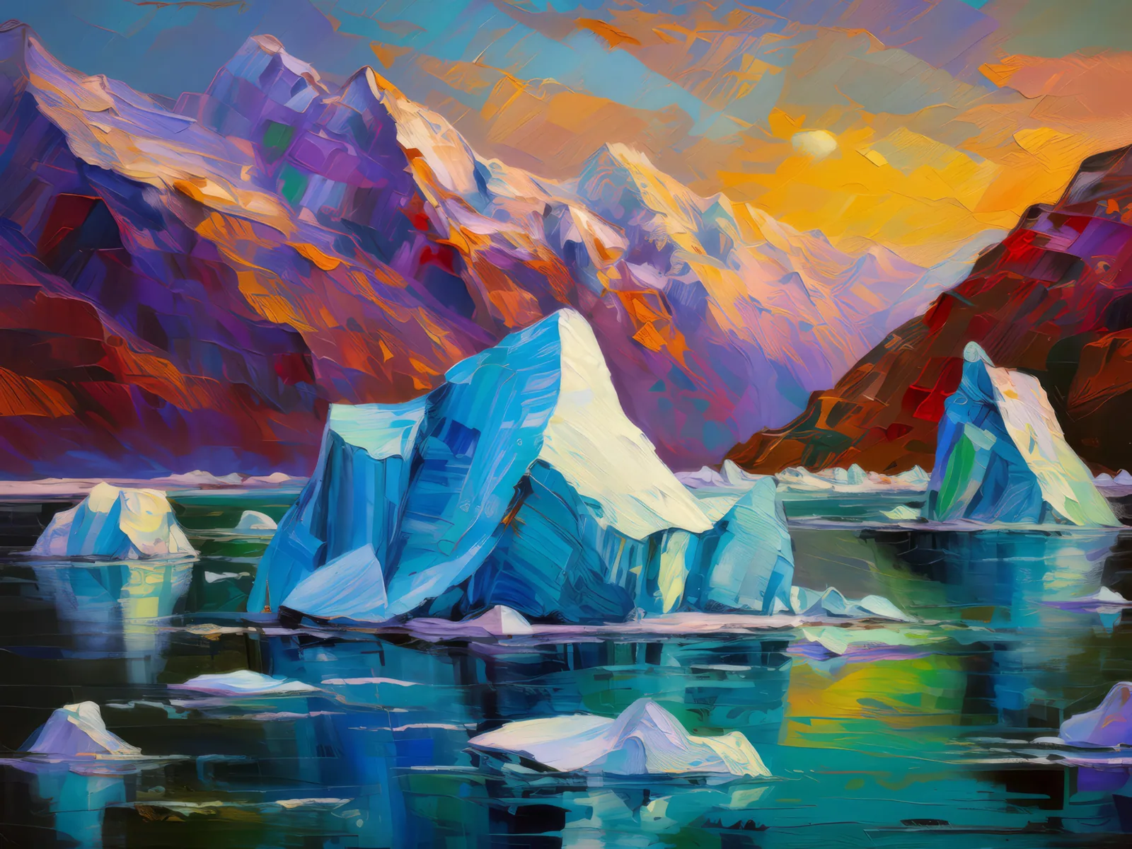Arctic Icebergs, a palette-knife oil landscape by Emma Mickelberg