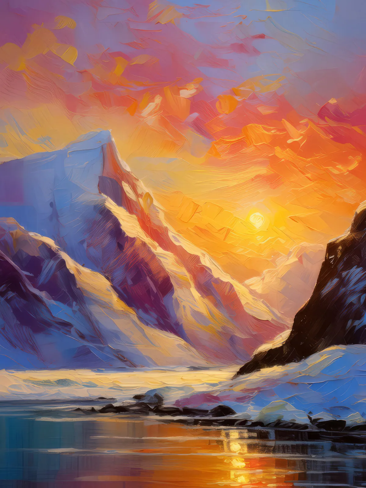 Arctic Mountain Dawn, a palette-knife oil landscape by Emma Mickelberg