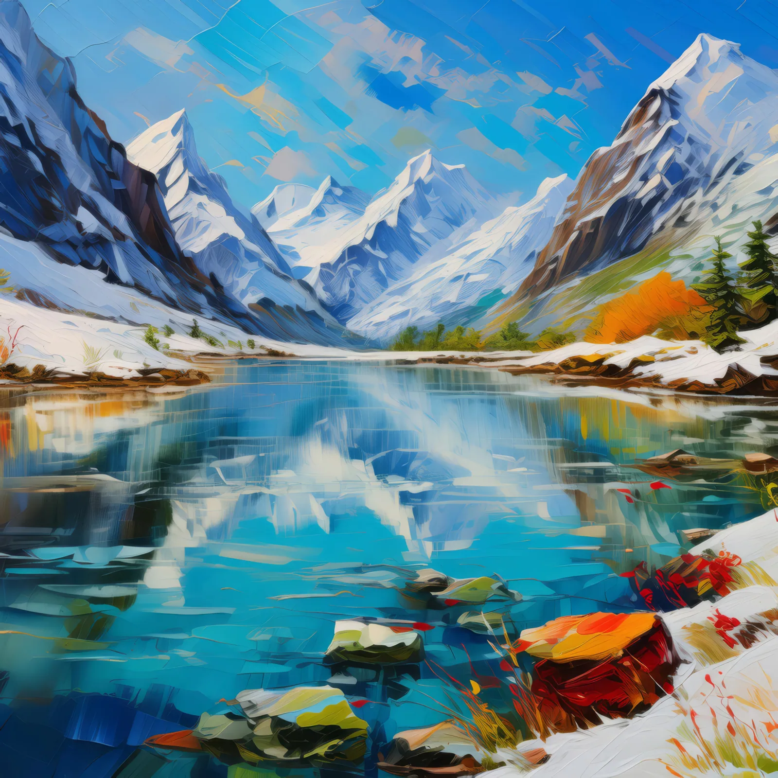 Arctic Mountain Reflection, a palette-knife oil landscape by Emma Mickelberg