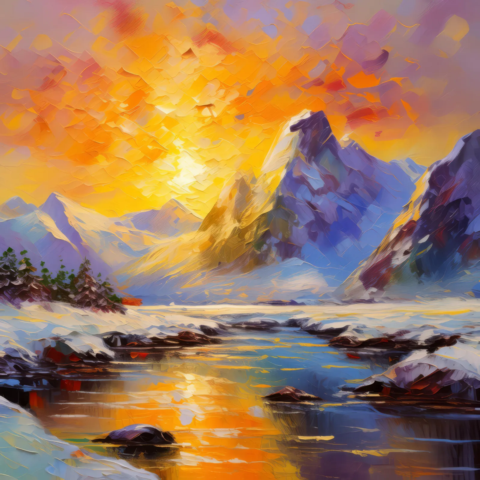 Arctic Mountain Sunrise, a palette-knife oil landscape by Emma Mickelberg