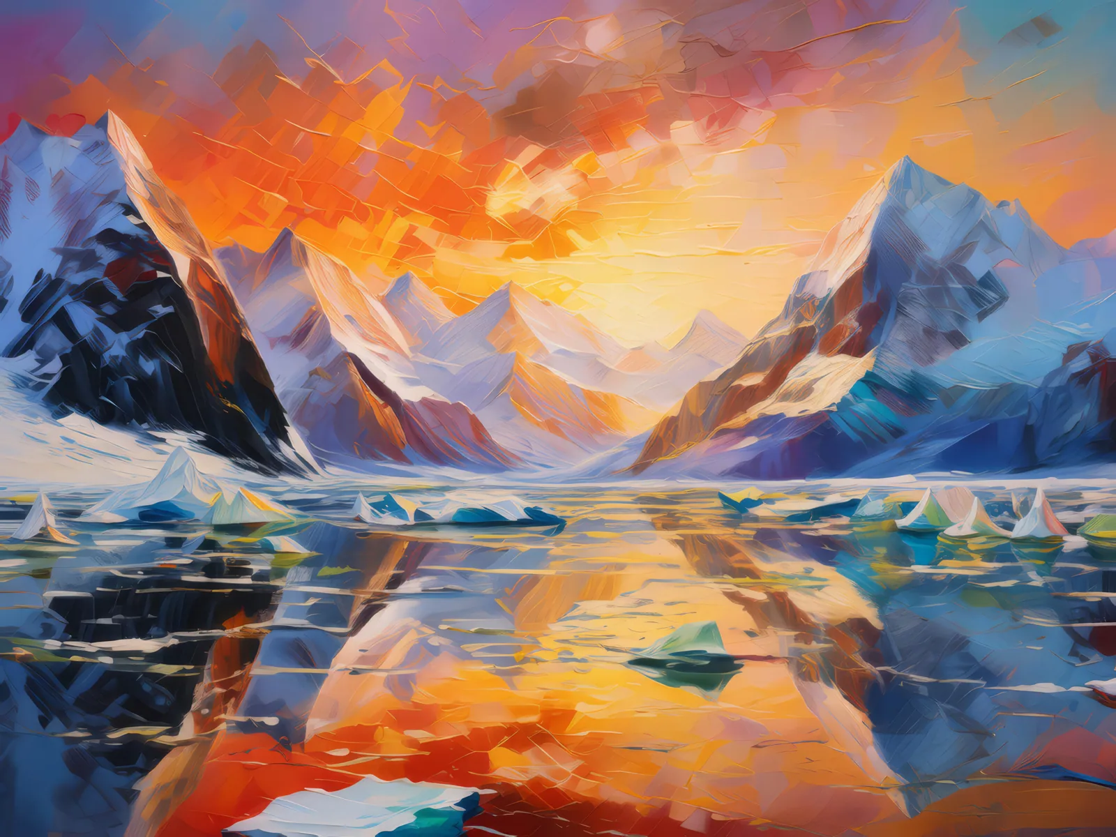 Arctic Mountain Sunset, a palette-knife oil landscape by Emma Mickelberg